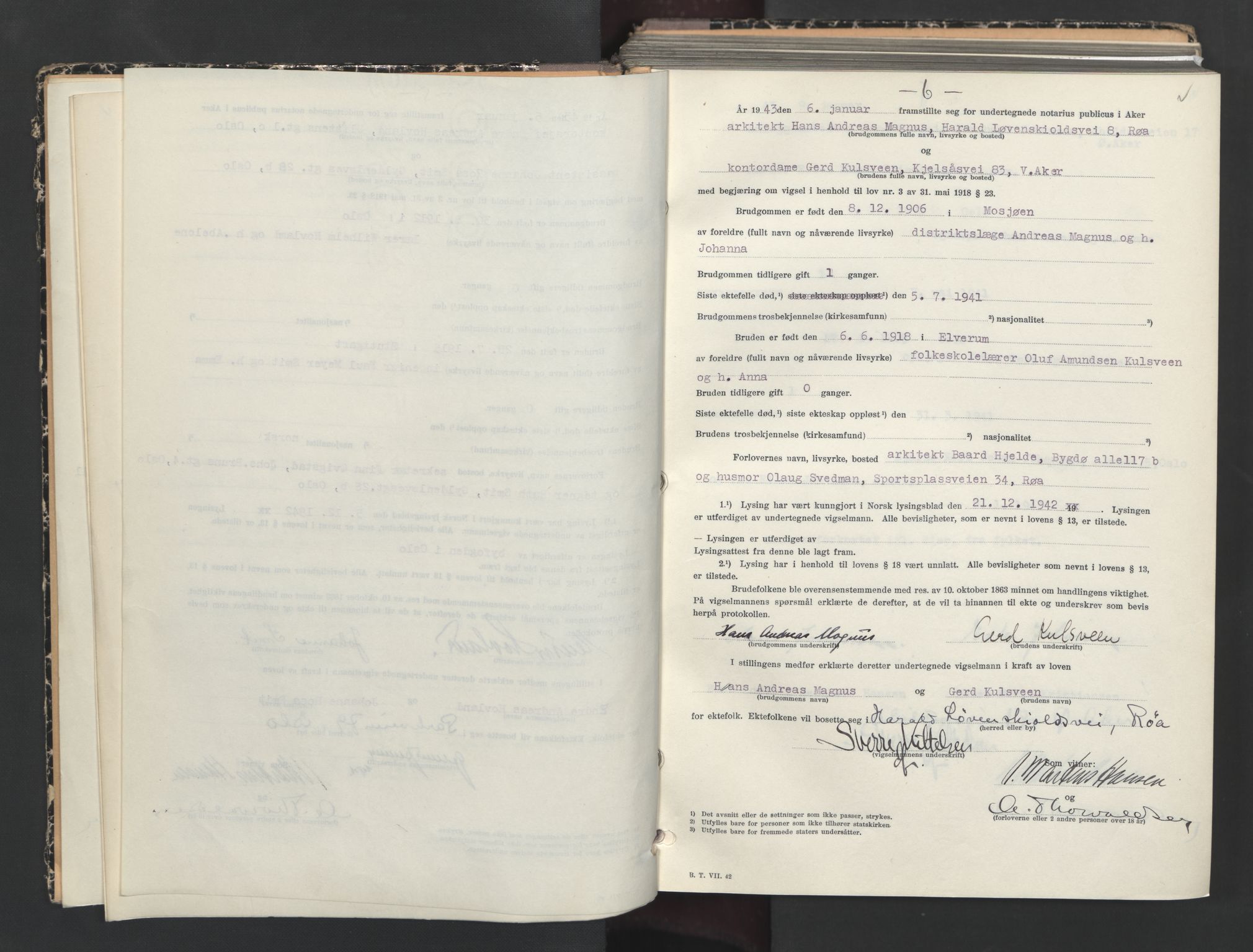 Aker sorenskriveri, AV/SAO-A-10895/L/Lc/Lcb/L0019: Vigselprotokoll, 1943, s. 6