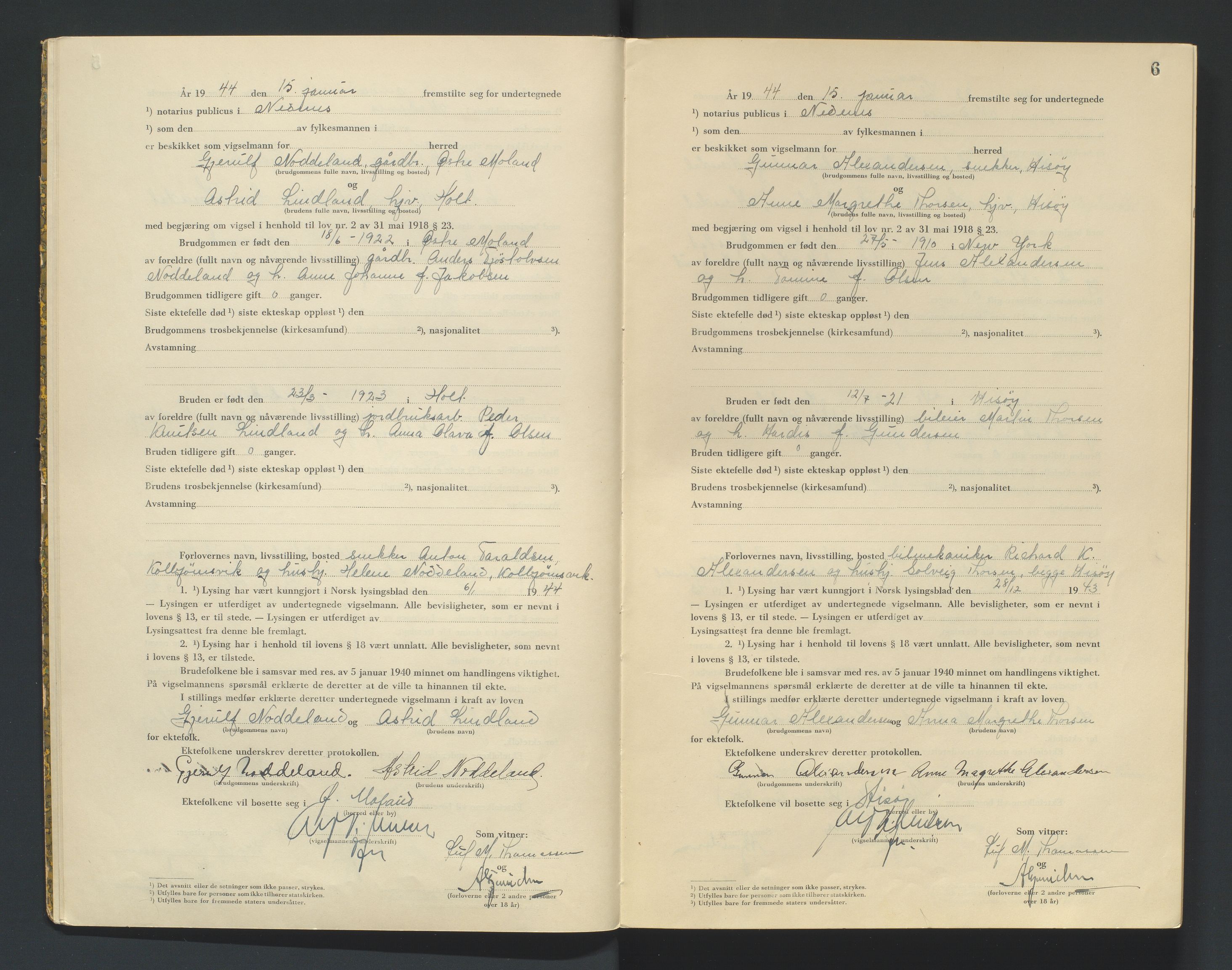 Nedenes sorenskriveri, SAK/1221-0006/L/Ld/L0002/0003: Vigselsbøker / Vigselbok, 1943-1944, s. 6