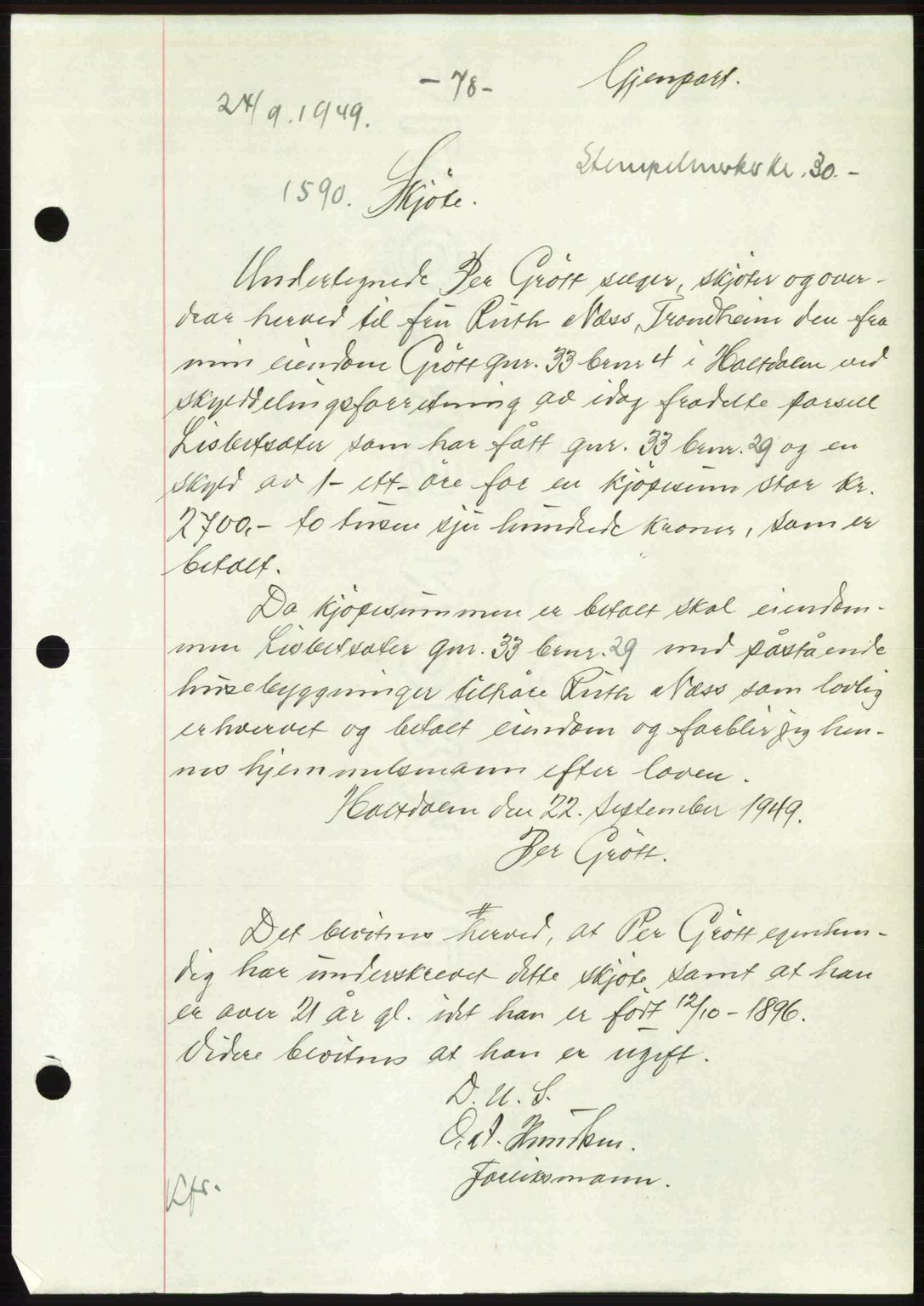 Gauldal sorenskriveri, SAT/A-0014/1/2/2C: Pantebok nr. A8, 1949-1949, Dagboknr: 1590/1949