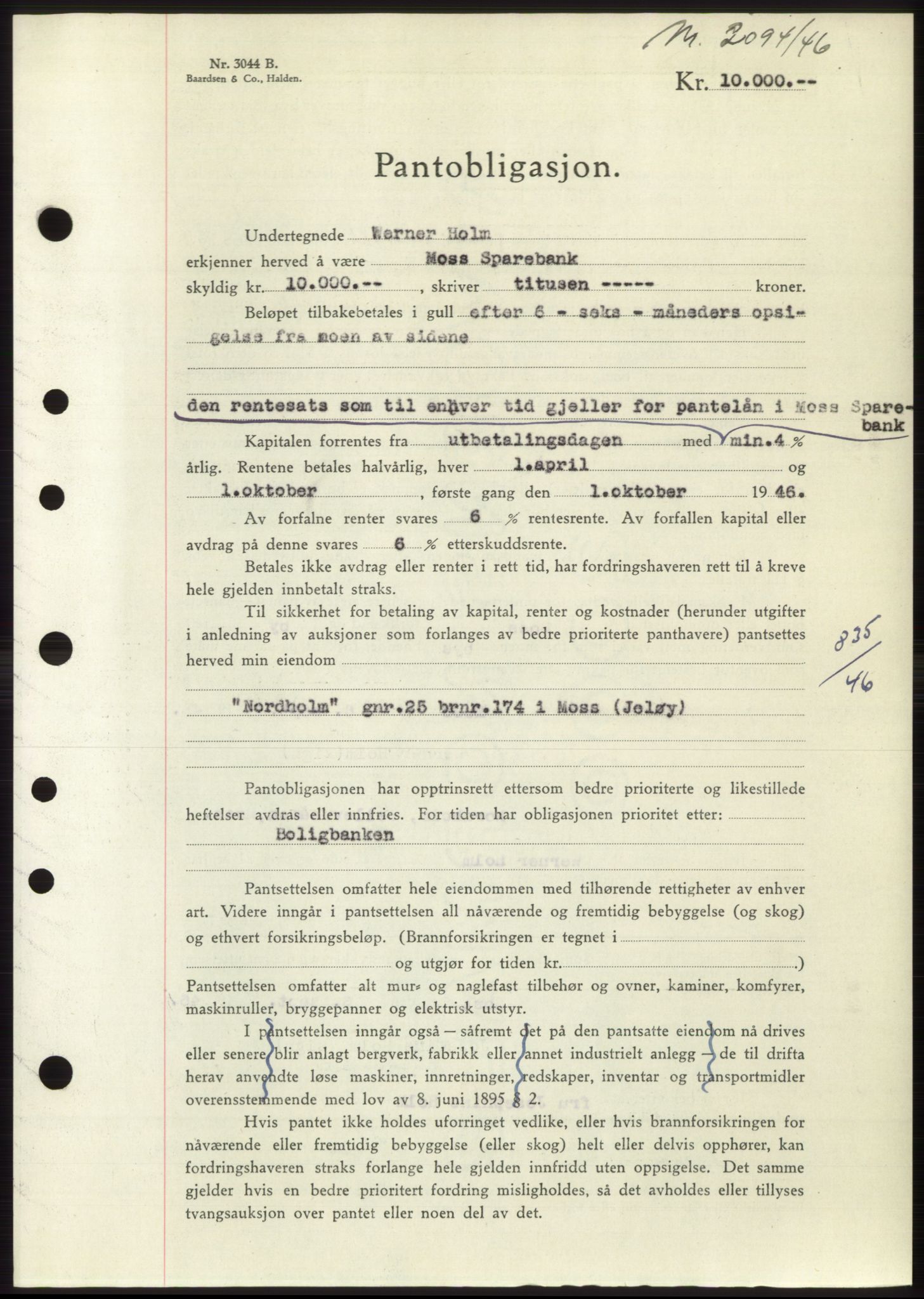Moss sorenskriveri, SAO/A-10168: Pantebok nr. B15, 1946-1946, Dagboknr: 2094/1946