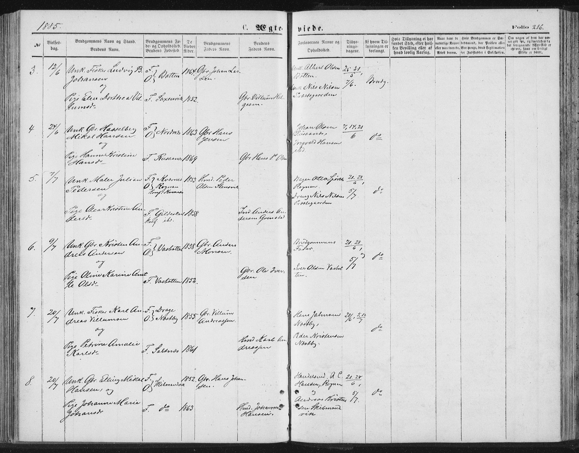 Ministerialprotokoller, klokkerbøker og fødselsregistre - Nordland, AV/SAT-A-1459/847/L0668: Ministerialbok nr. 847A08, 1872-1886, s. 216