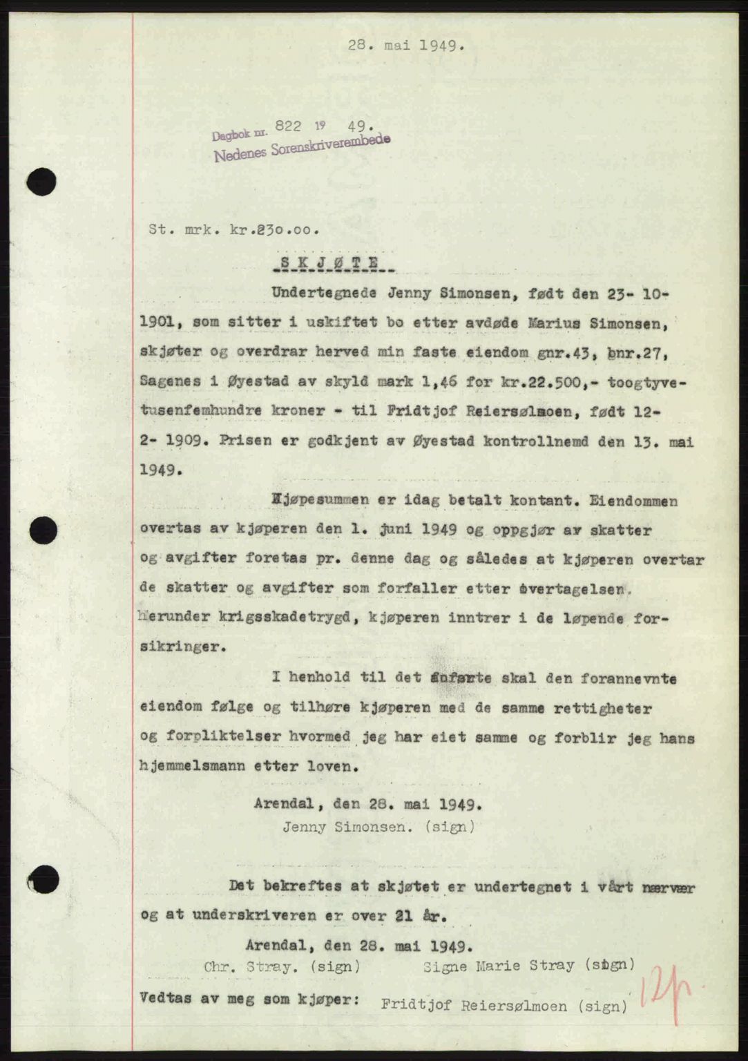 Nedenes sorenskriveri, SAK/1221-0006/G/Gb/Gba/L0060: Pantebok nr. A12, 1948-1949, Dagboknr: 822/1949
