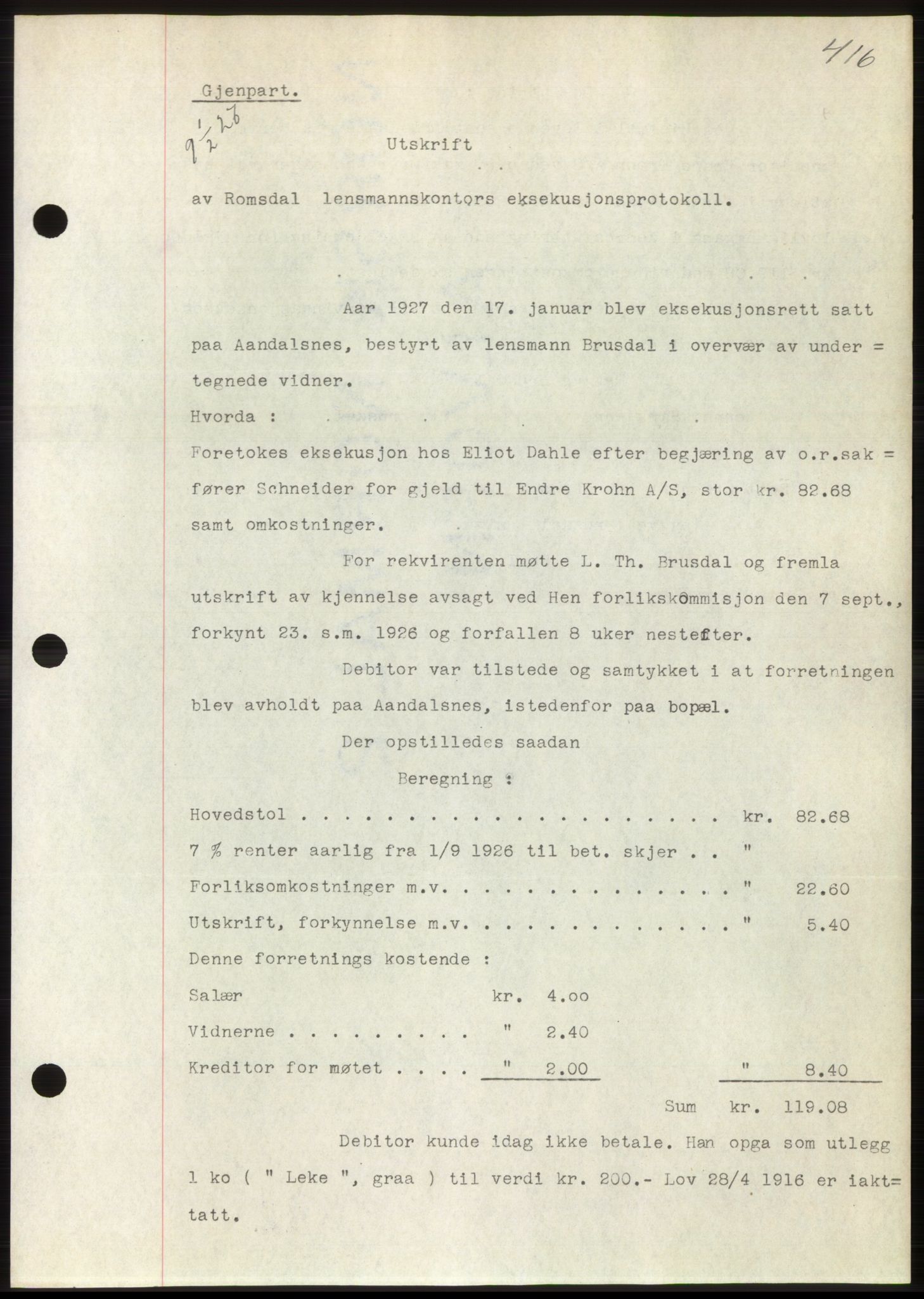 Romsdal sorenskriveri, AV/SAT-A-4149/1/2/2C/L0051: Pantebok nr. 45, 1926-1927, Tingl.dato: 01.02.1927