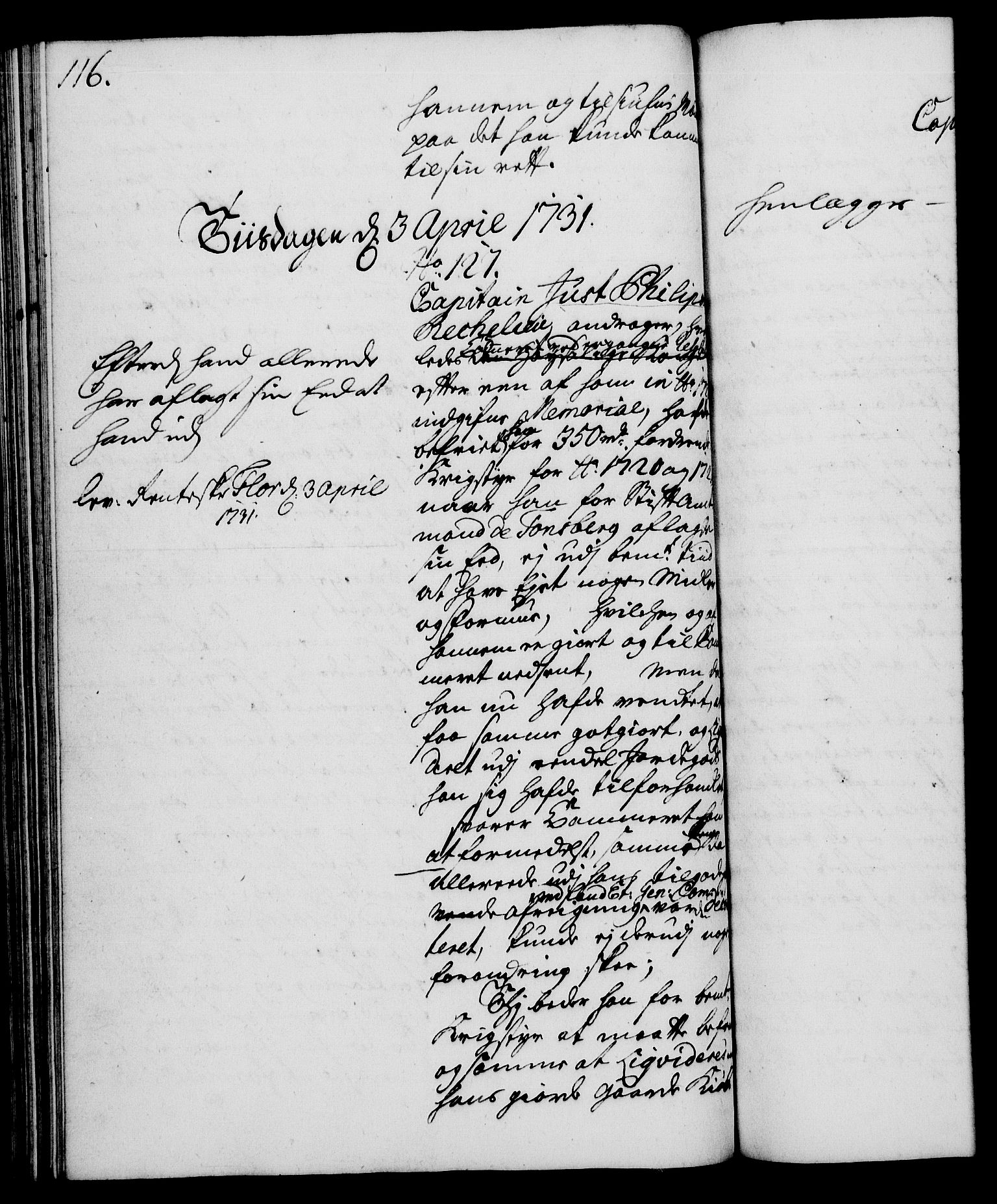 Rentekammeret, Kammerkanselliet, AV/RA-EA-3111/G/Gh/Gha/L0013: Norsk ekstraktmemorialprotokoll (merket RK 53.58), 1731, s. 116