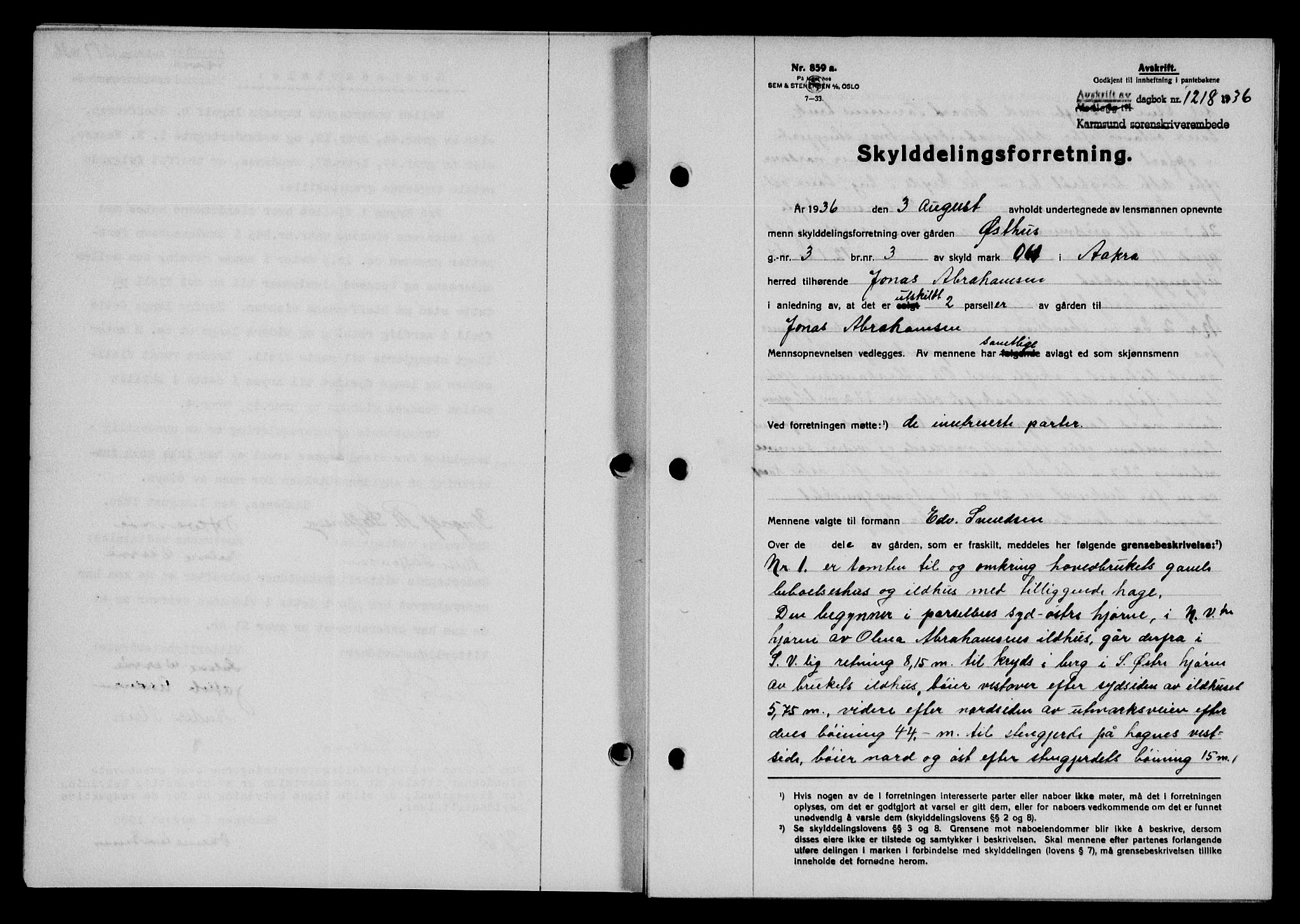 Karmsund sorenskriveri, SAST/A-100311/01/II/IIB/L0066: Pantebok nr. 47A, 1936-1936, Dagboknr: 1218/1936