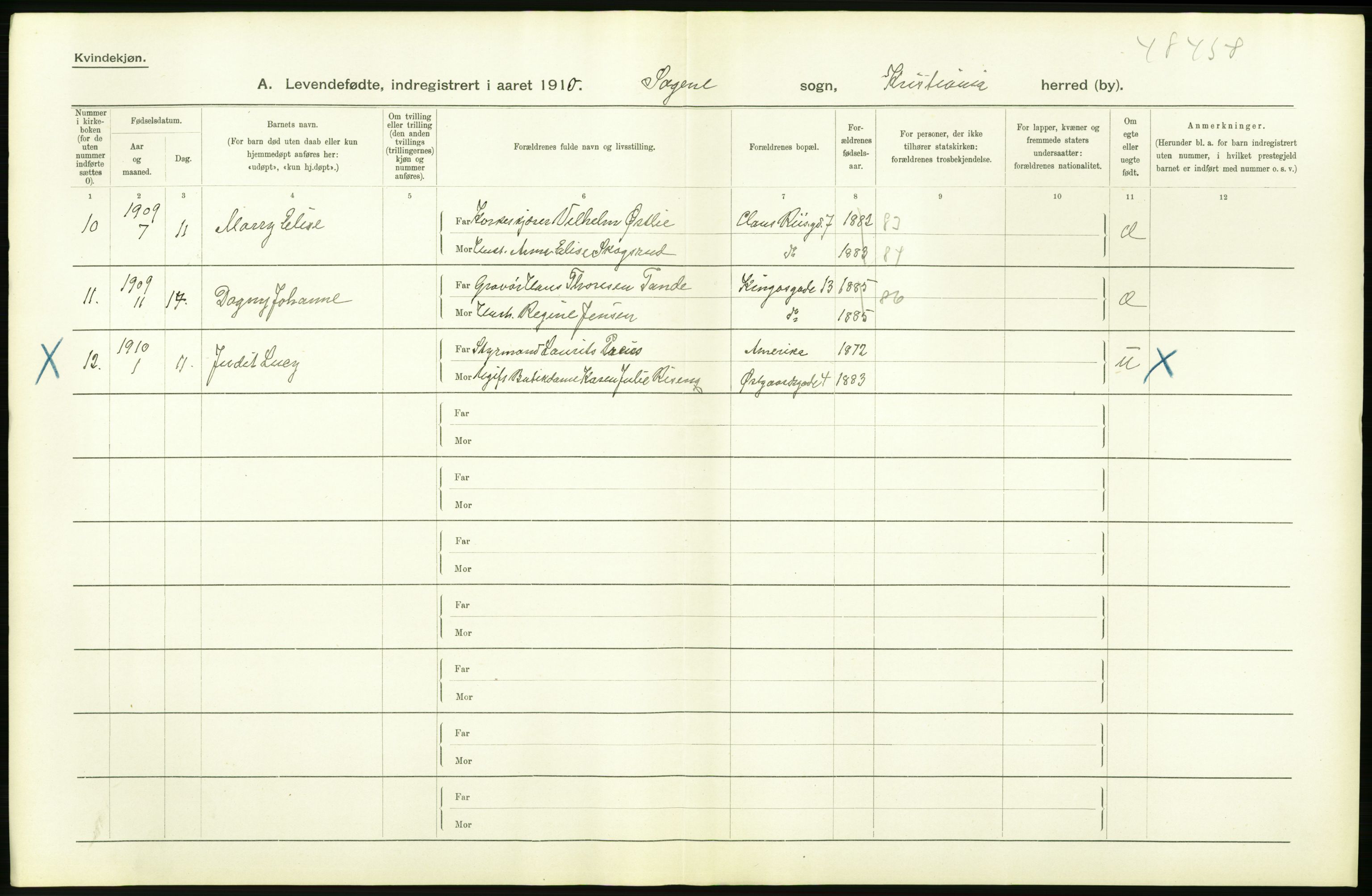 Statistisk sentralbyrå, Sosiodemografiske emner, Befolkning, AV/RA-S-2228/D/Df/Dfa/Dfah/L0007: Kristiania: Levendefødte kvinner., 1910, s. 446