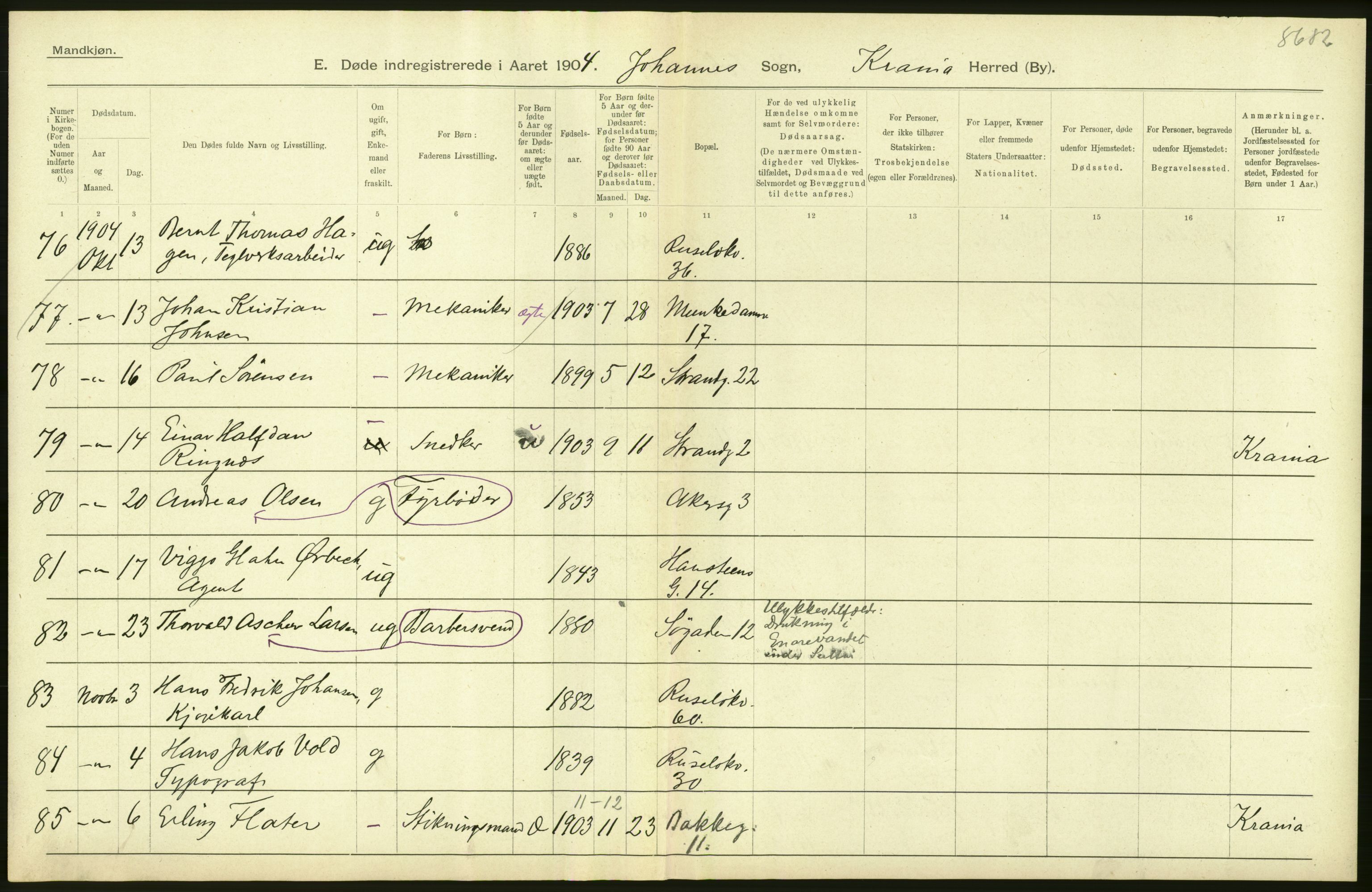 Statistisk sentralbyrå, Sosiodemografiske emner, Befolkning, AV/RA-S-2228/D/Df/Dfa/Dfab/L0004: Kristiania: Gifte, døde, 1904, s. 456