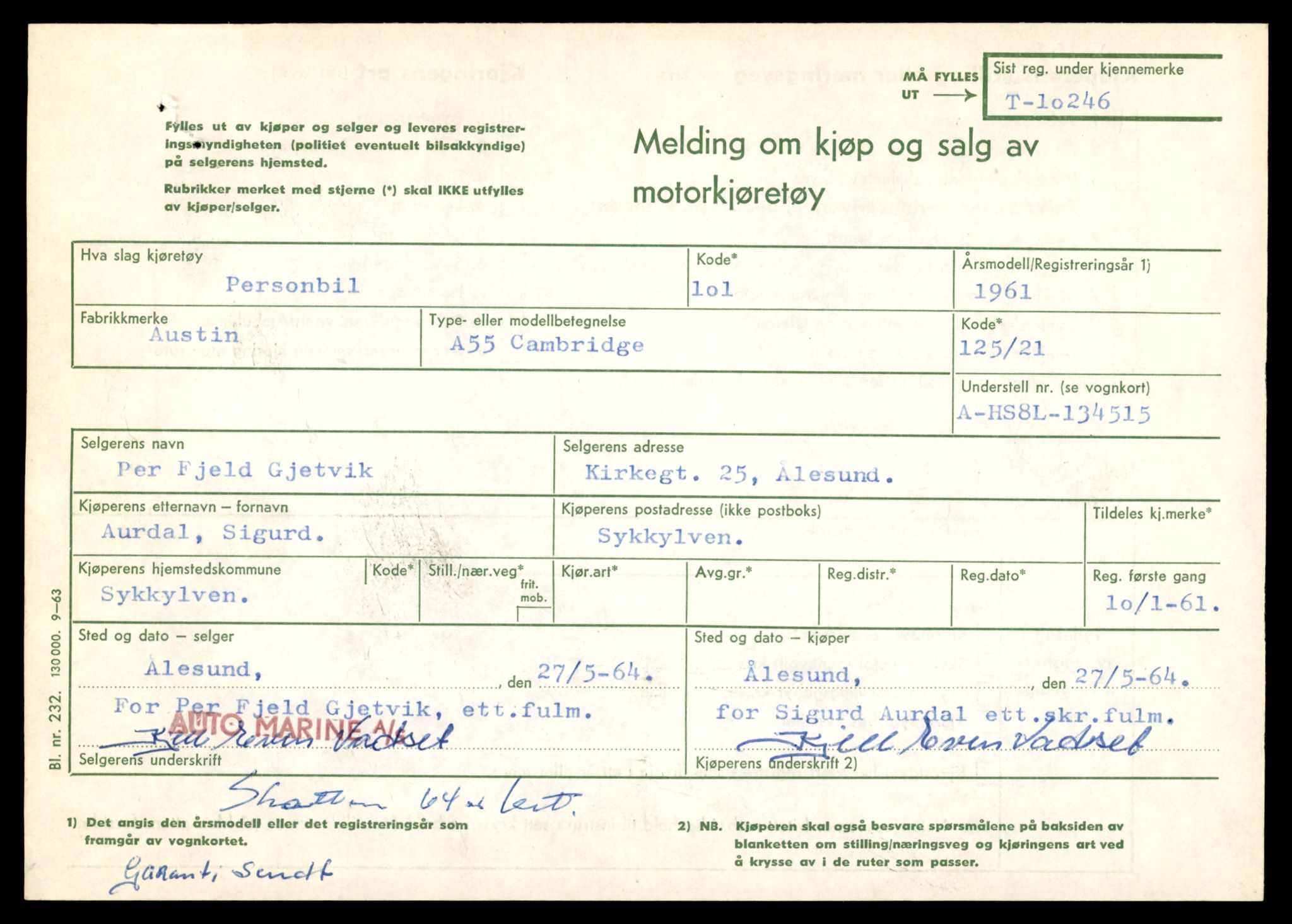 Møre og Romsdal vegkontor - Ålesund trafikkstasjon, AV/SAT-A-4099/F/Fe/L0019: Registreringskort for kjøretøy T 10228 - T 10350, 1927-1998, s. 497