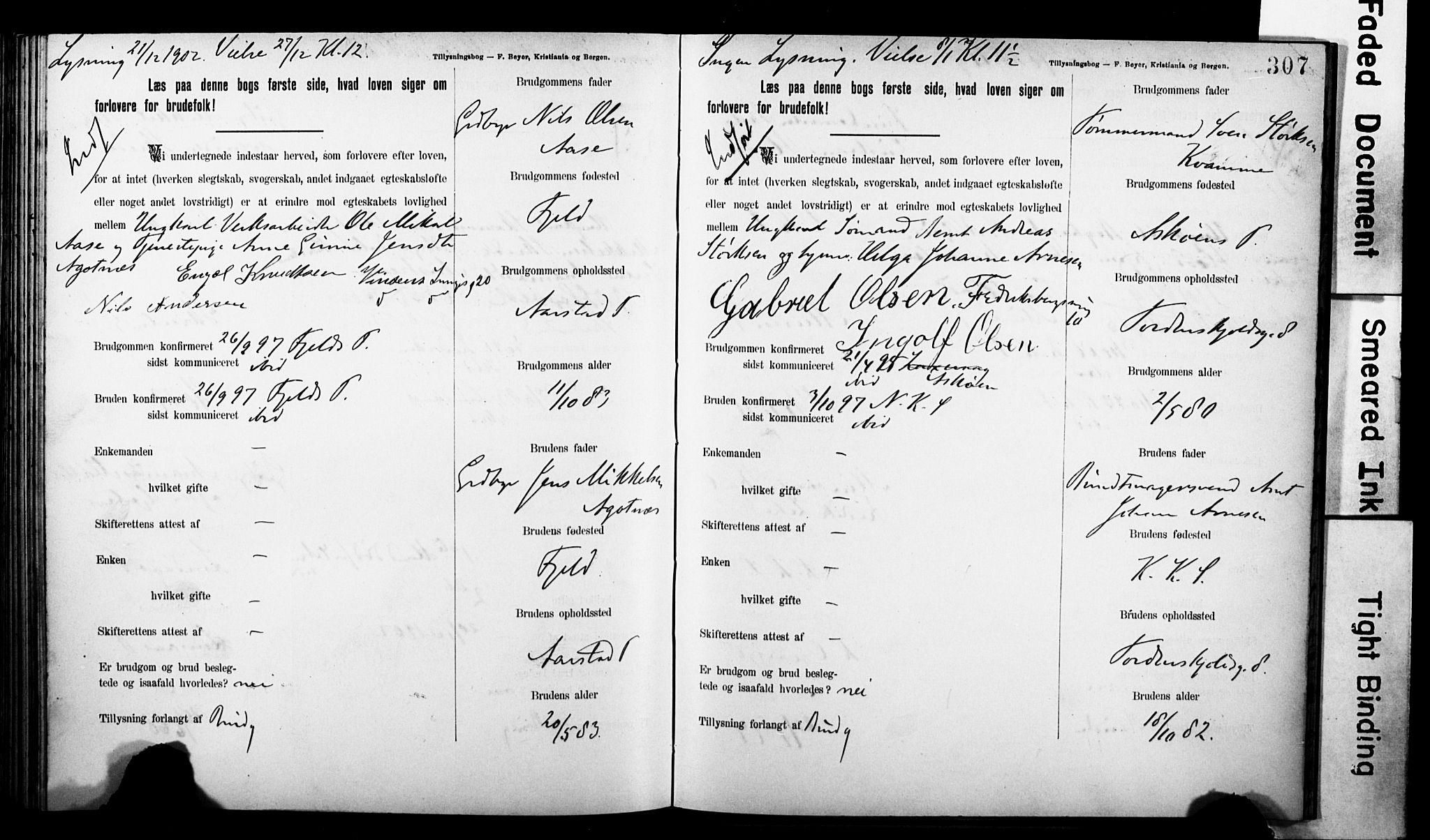 Korskirken sokneprestembete, SAB/A-76101: Forlovererklæringer nr. II.5.7, 1898-1903, s. 307