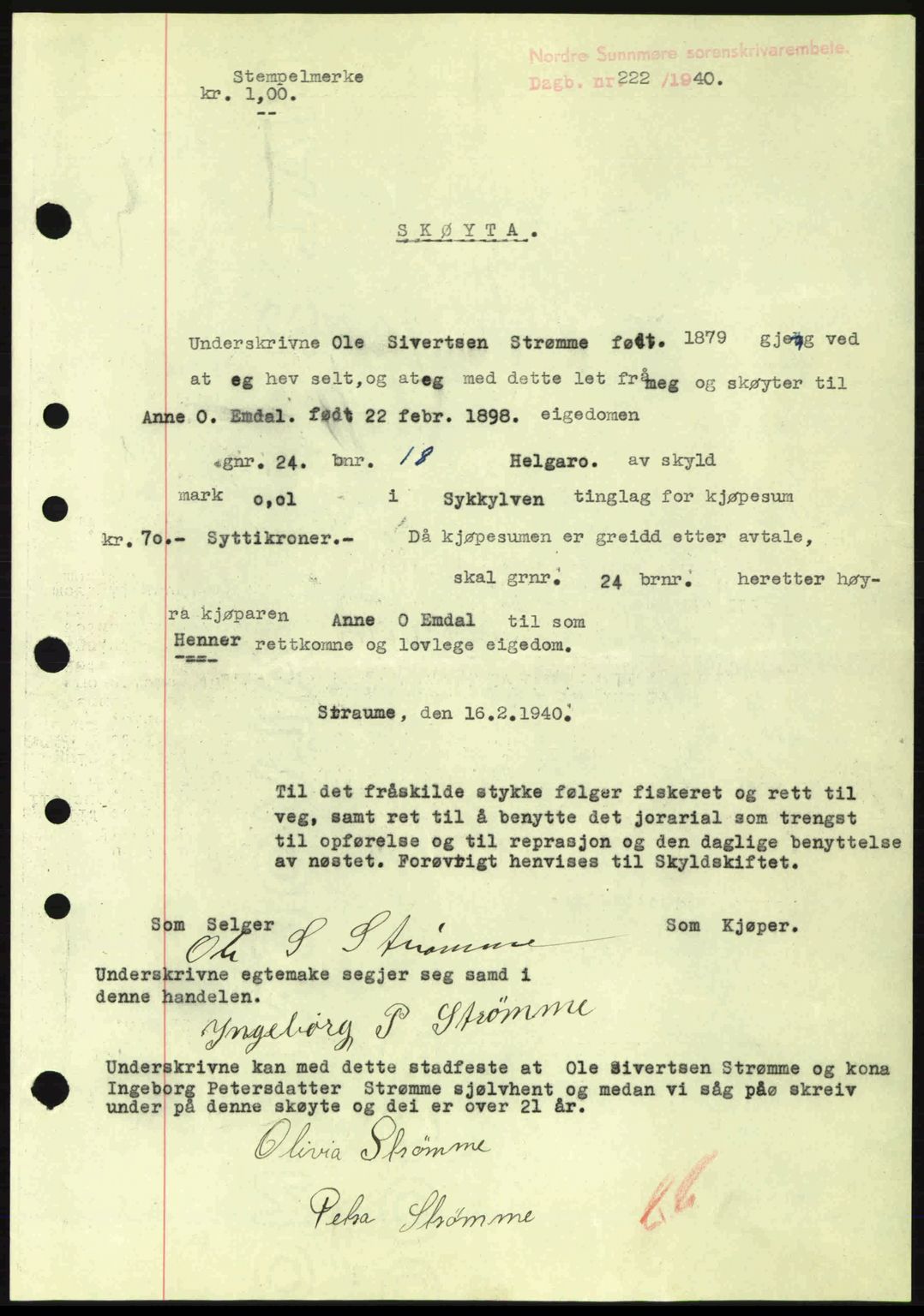 Nordre Sunnmøre sorenskriveri, AV/SAT-A-0006/1/2/2C/2Ca: Pantebok nr. A8, 1939-1940, Dagboknr: 222/1940