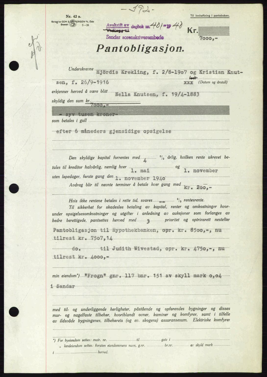 Sandar sorenskriveri, SAKO/A-86/G/Ga/Gab/L0001: Pantebok nr. B-1 og B-3 - B-9, 1936-1944, Dagboknr: 401/1940