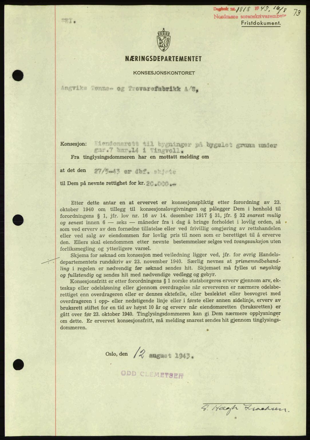 Nordmøre sorenskriveri, AV/SAT-A-4132/1/2/2Ca: Pantebok nr. B91, 1943-1944, Dagboknr: 1818/1943