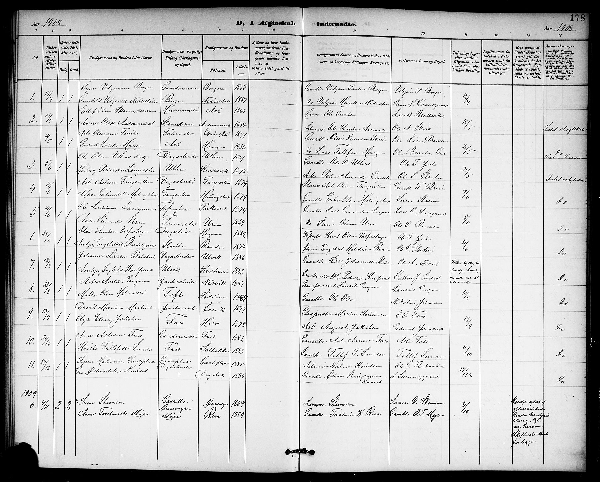 Hol kirkebøker, AV/SAKO-A-227/G/Ga/L0001: Klokkerbok nr. I 1, 1900-1919, s. 178