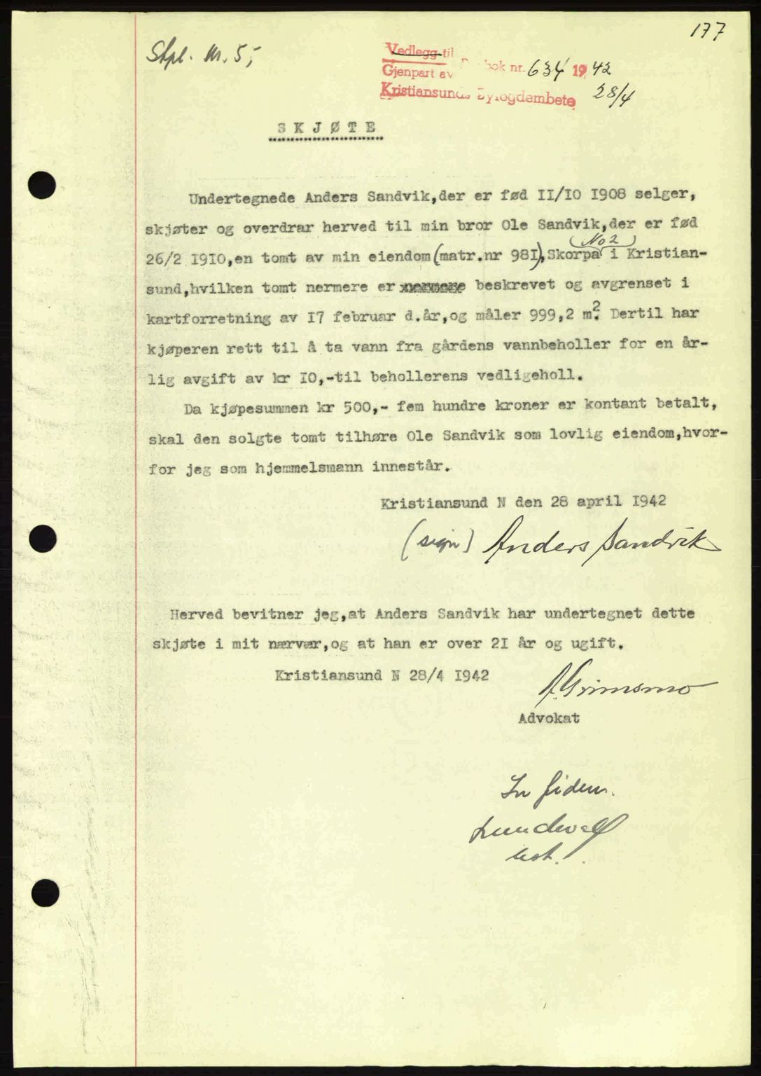 Kristiansund byfogd, AV/SAT-A-4587/A/27: Pantebok nr. 34, 1941-1945, Dagboknr: 634/1942