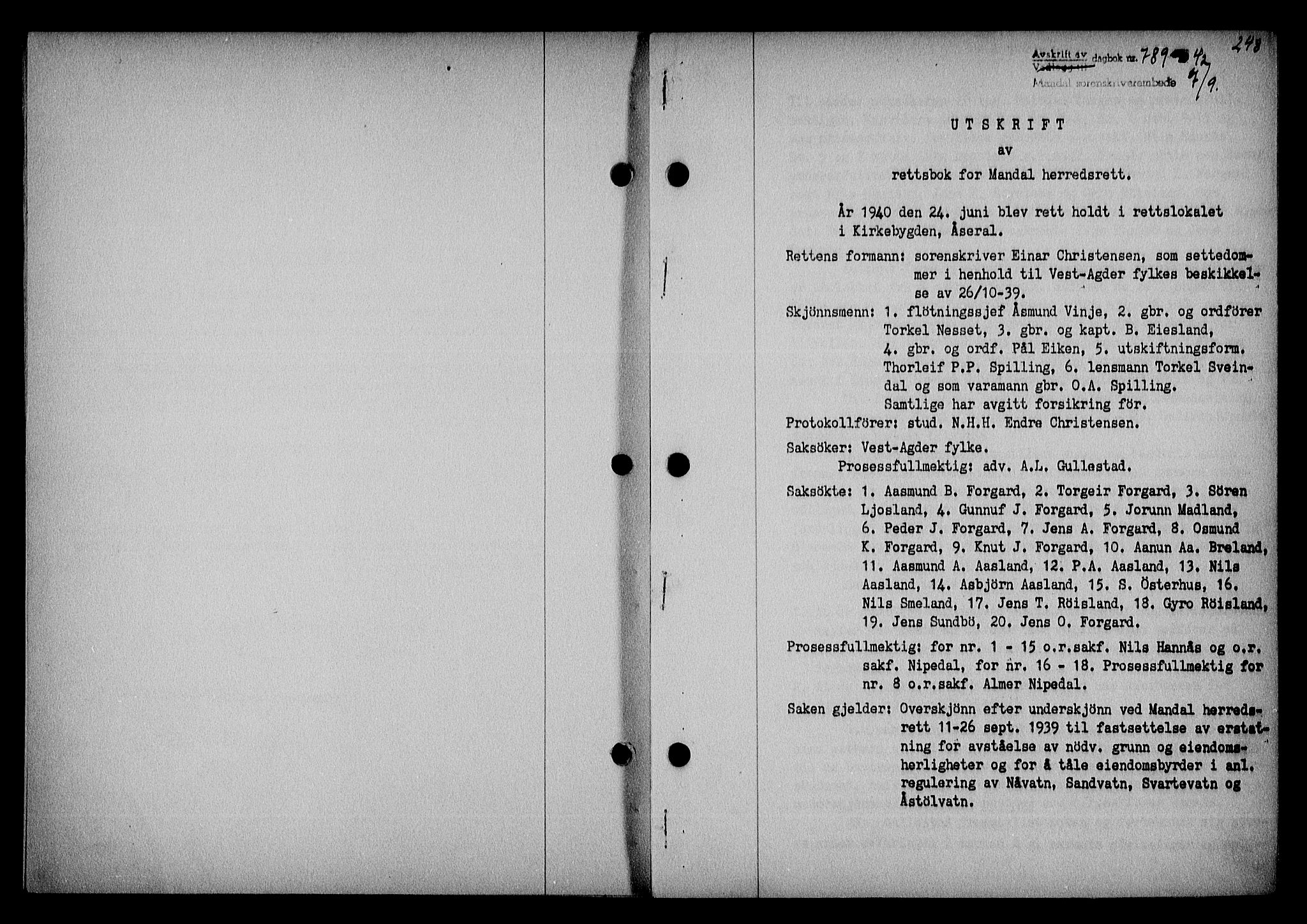 Mandal sorenskriveri, SAK/1221-0005/001/G/Gb/Gba/L0074: Pantebok nr. A-11, 1942-1943, Dagboknr: 789/1942