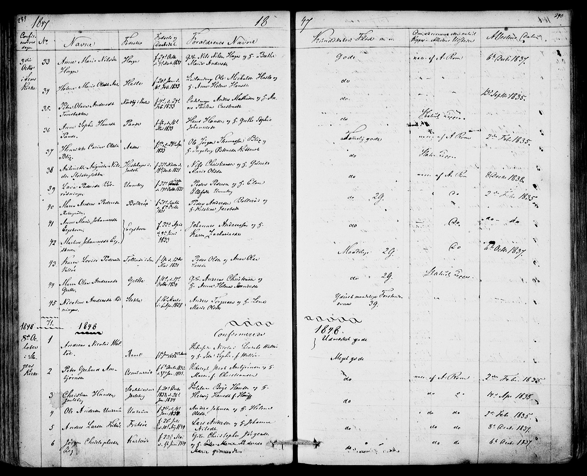 Sem kirkebøker, AV/SAKO-A-5/F/Fa/L0006: Ministerialbok nr. I 6, 1843-1855, s. 289-290