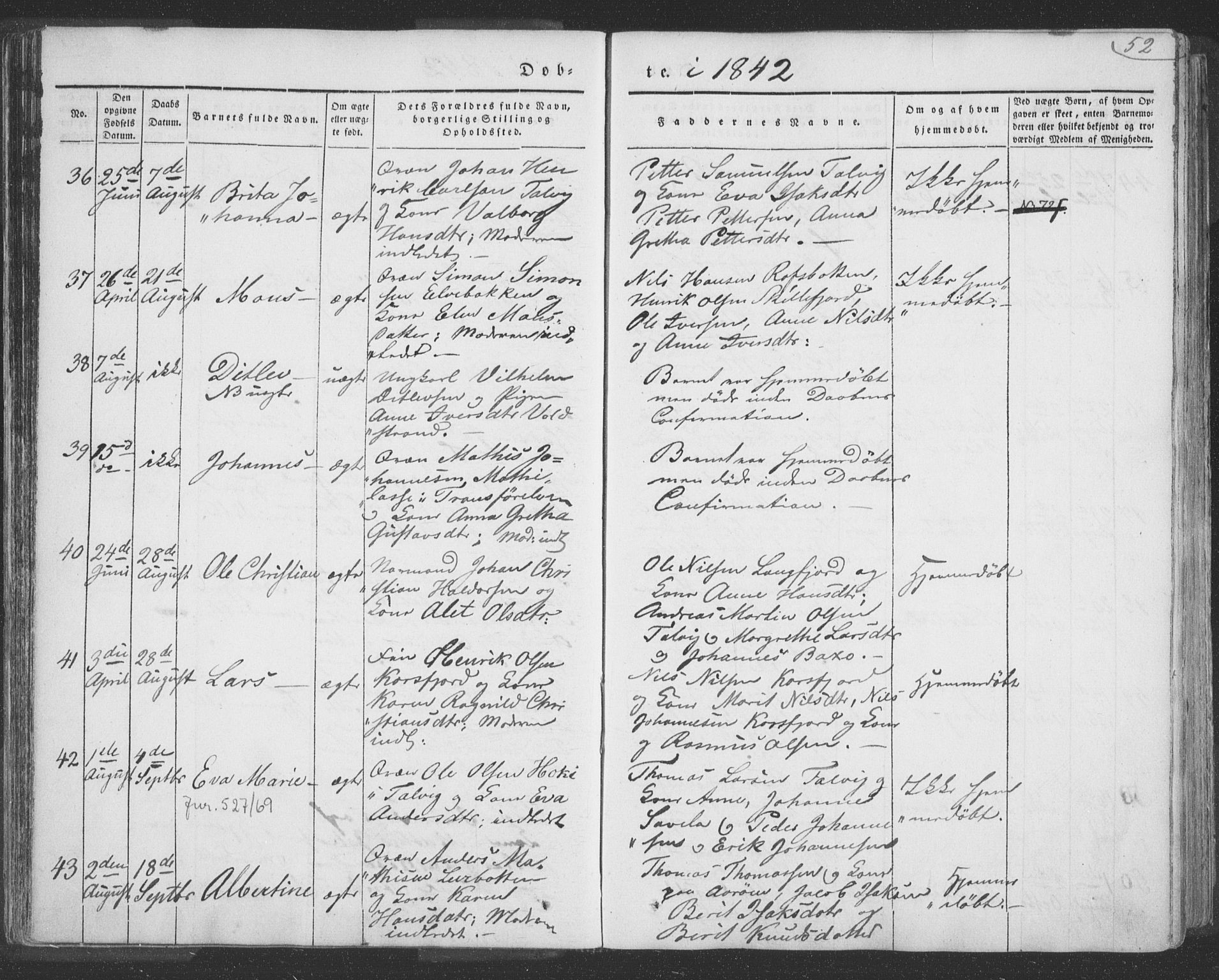 Talvik sokneprestkontor, AV/SATØ-S-1337/H/Ha/L0009kirke: Ministerialbok nr. 9, 1837-1852, s. 52