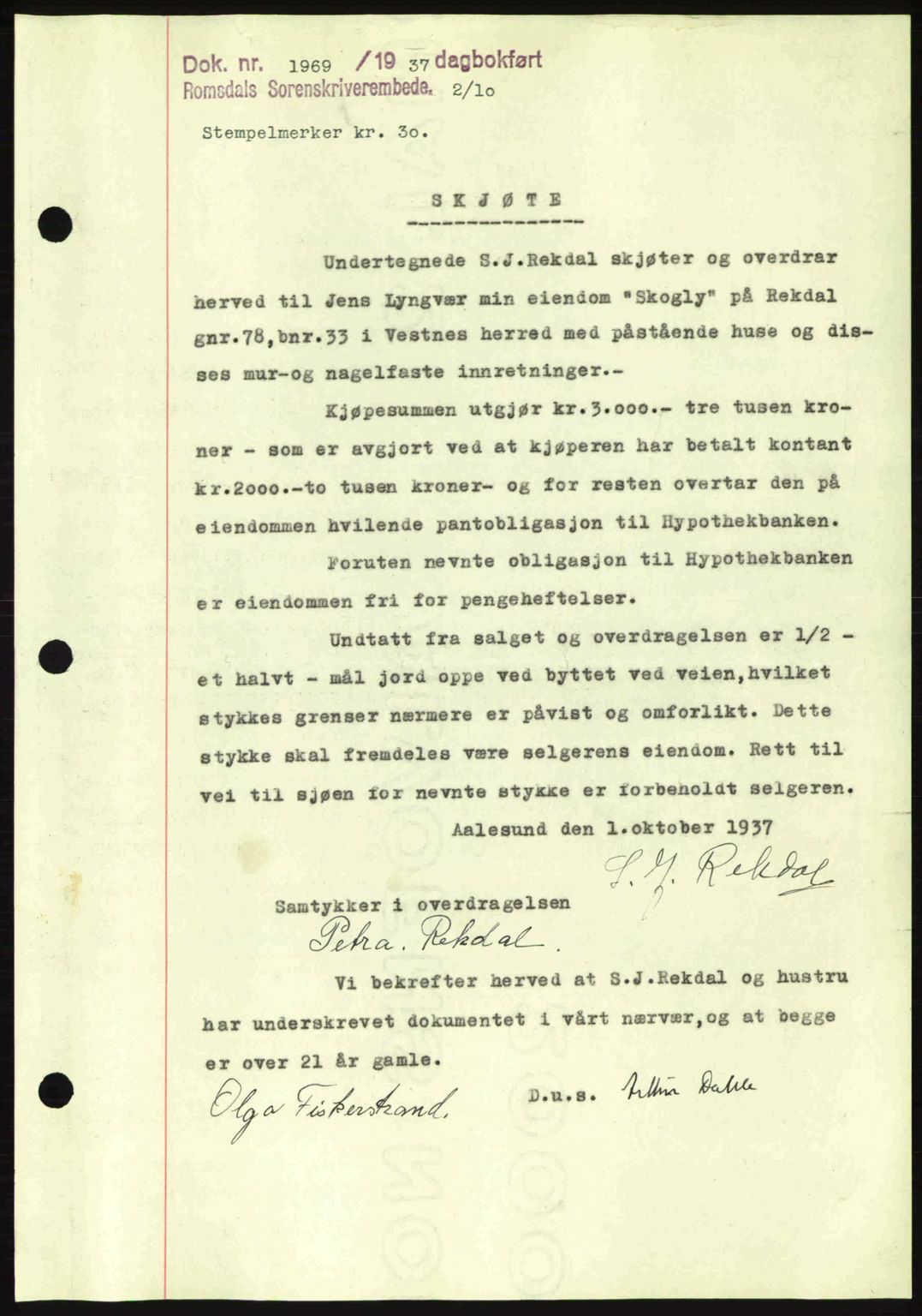 Romsdal sorenskriveri, SAT/A-4149/1/2/2C: Pantebok nr. A4, 1937-1938, Dagboknr: 1969/1937