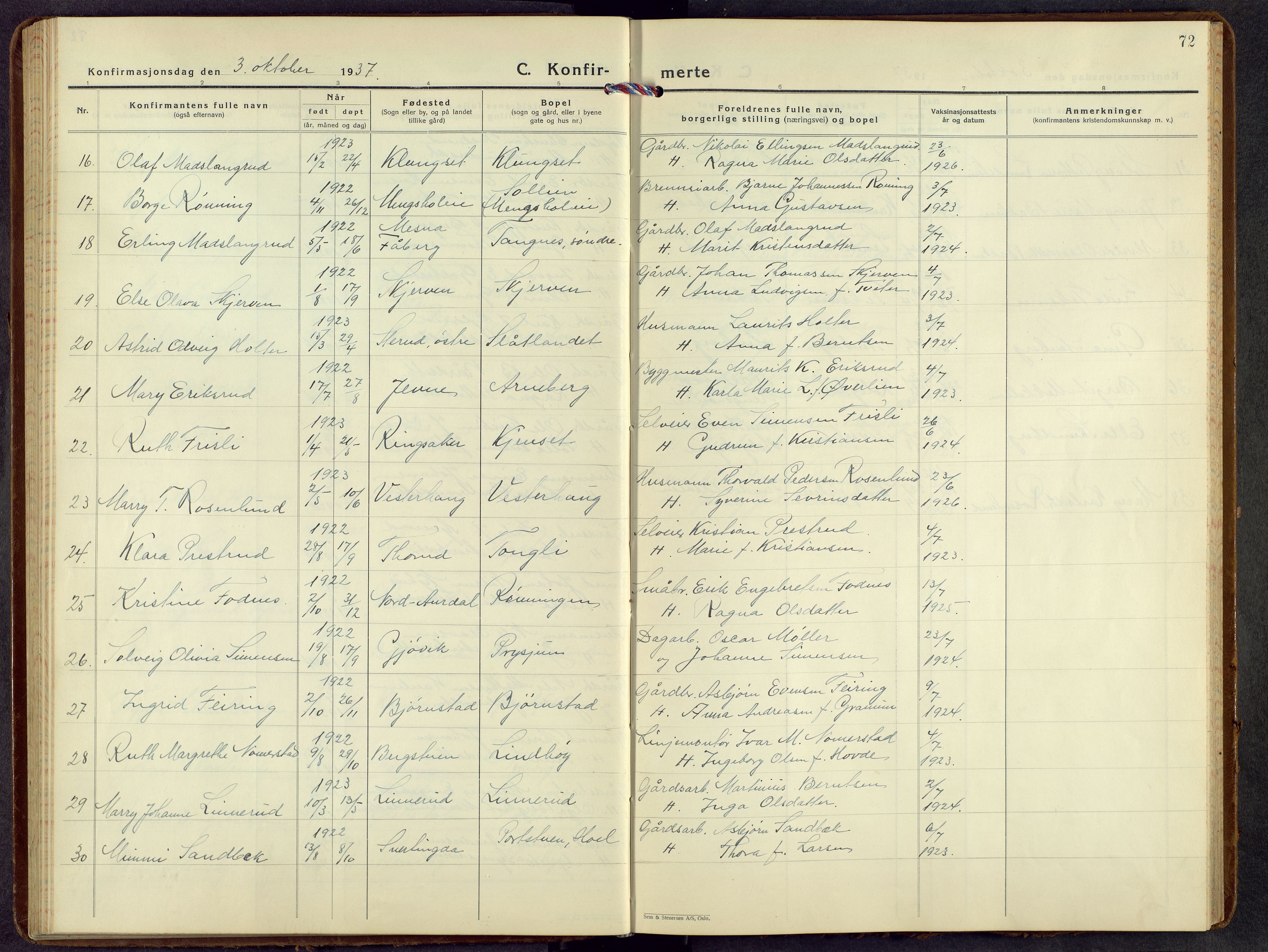 Nes prestekontor, Hedmark, AV/SAH-PREST-020/L/La/L0012: Klokkerbok nr. 12, 1936-1958, s. 72