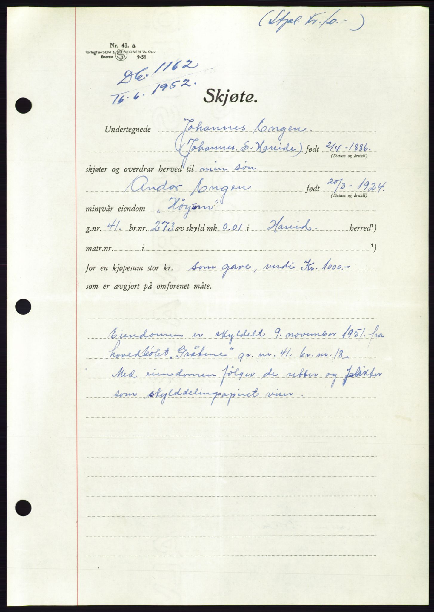 Søre Sunnmøre sorenskriveri, AV/SAT-A-4122/1/2/2C/L0092: Pantebok nr. 18A, 1952-1952, Dagboknr: 1162/1952