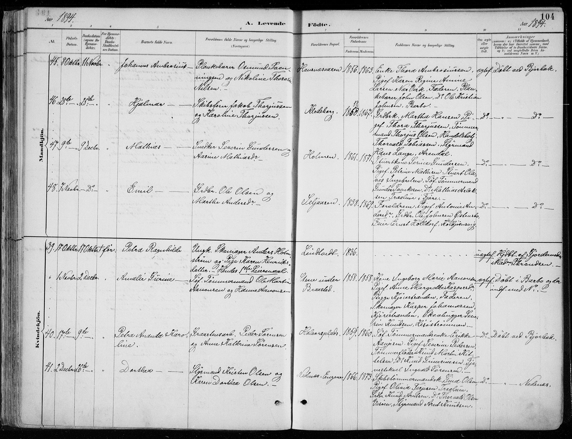 Øyestad sokneprestkontor, AV/SAK-1111-0049/F/Fa/L0017: Ministerialbok nr. A 17, 1887-1896, s. 104