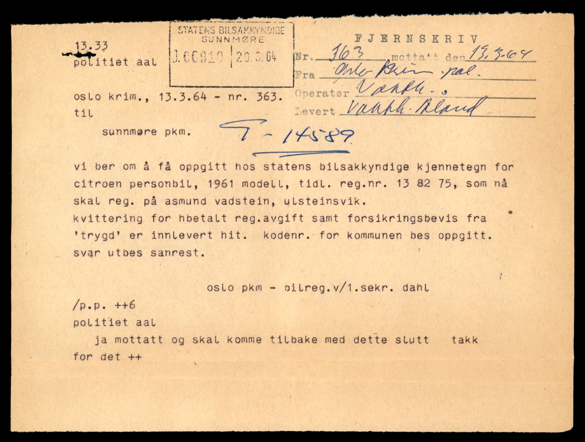 Møre og Romsdal vegkontor - Ålesund trafikkstasjon, AV/SAT-A-4099/F/Fe/L0047: Registreringskort for kjøretøy T 14580 - T 14720, 1927-1998, s. 277
