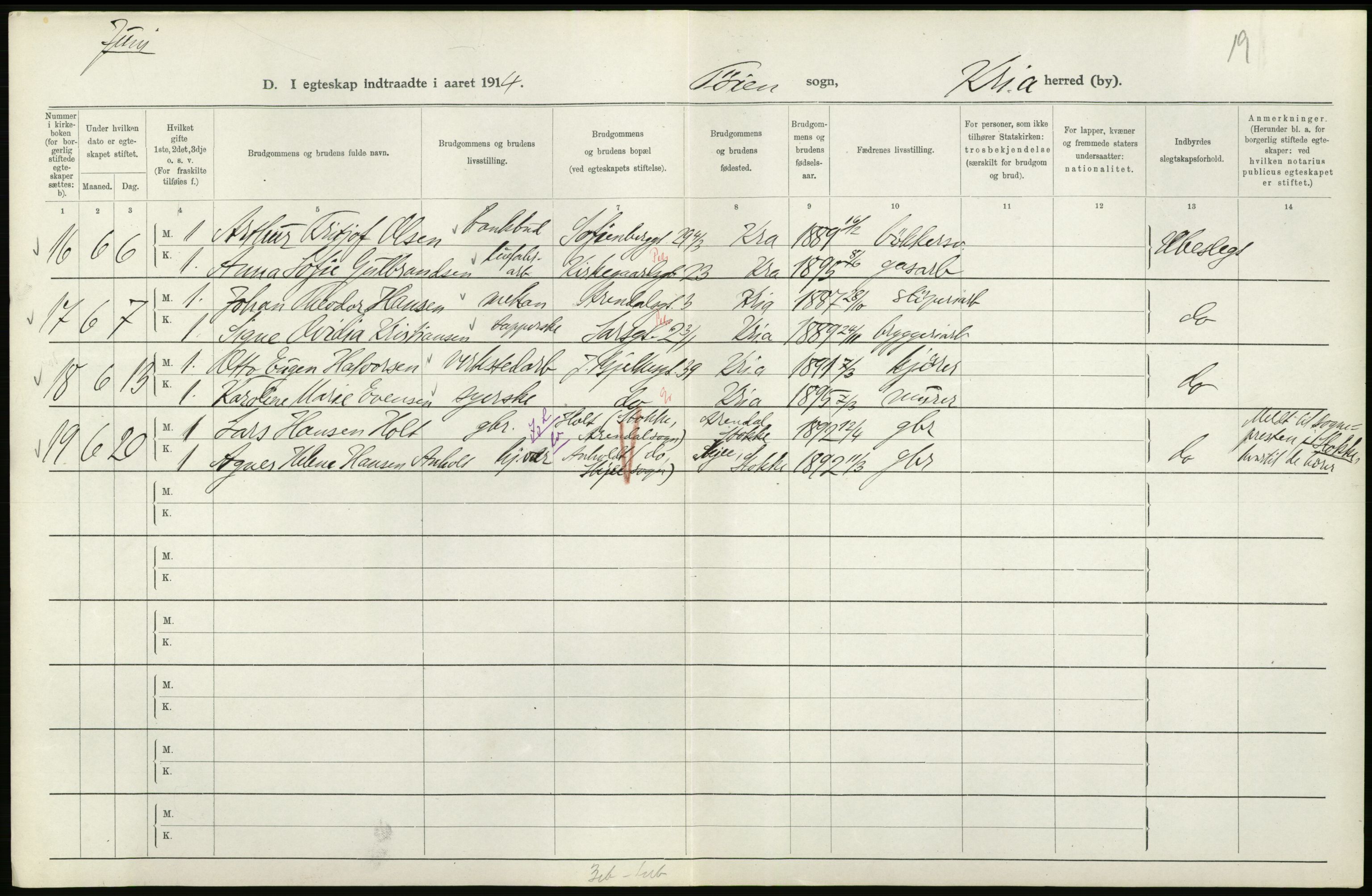 Statistisk sentralbyrå, Sosiodemografiske emner, Befolkning, AV/RA-S-2228/D/Df/Dfb/Dfbd/L0007: Kristiania: Gifte, 1914, s. 76