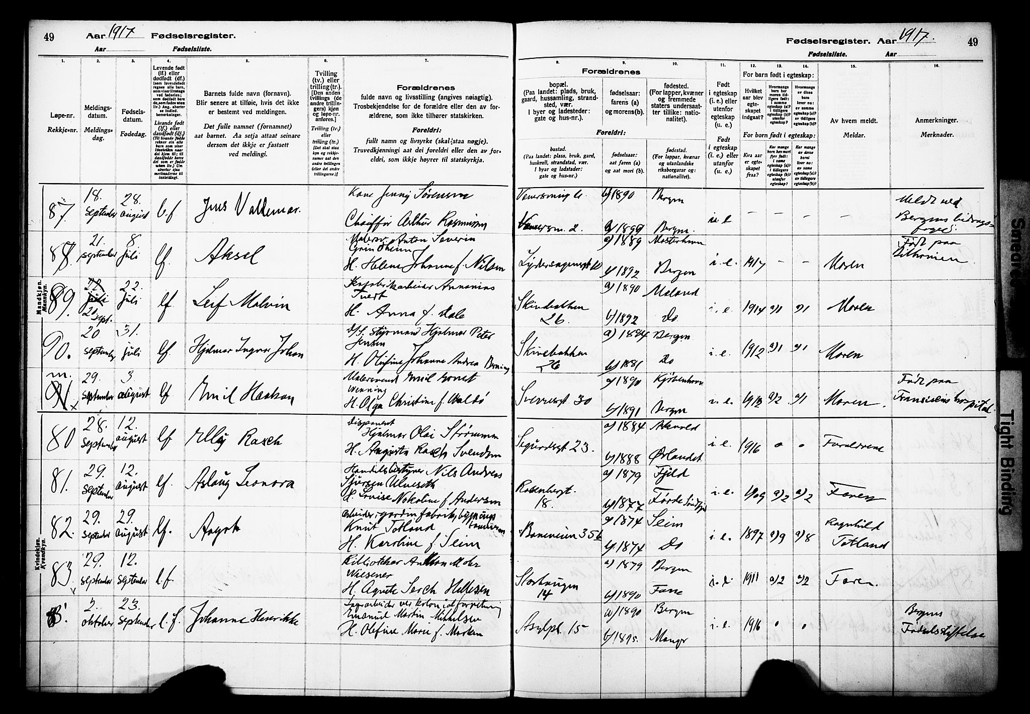 Domkirken sokneprestembete, AV/SAB-A-74801/I/Id/L00A1: Fødselsregister nr. A 1, 1916-1923, s. 49