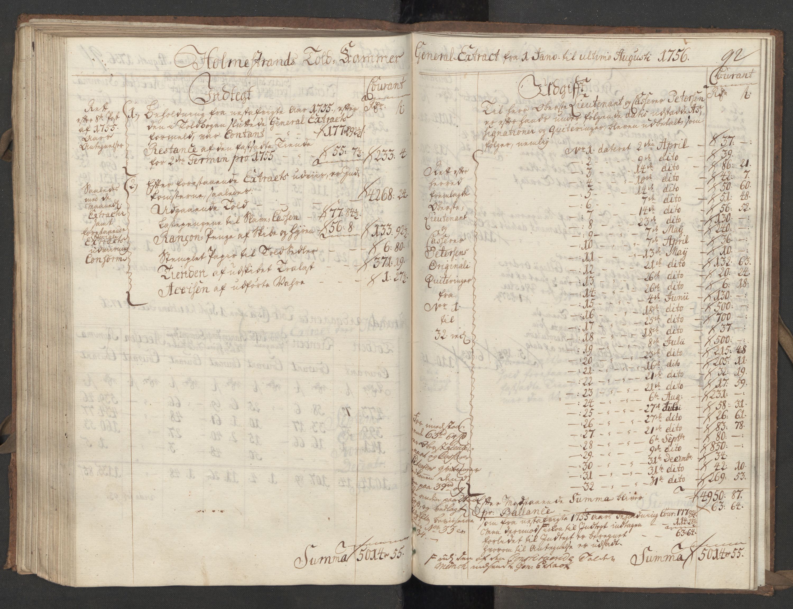 Generaltollkammeret, tollregnskaper, AV/RA-EA-5490/R09/L0022/0001: Tollregnskaper Holmestrand / Utgående hovedtollbok, 1756, s. 91b-92a