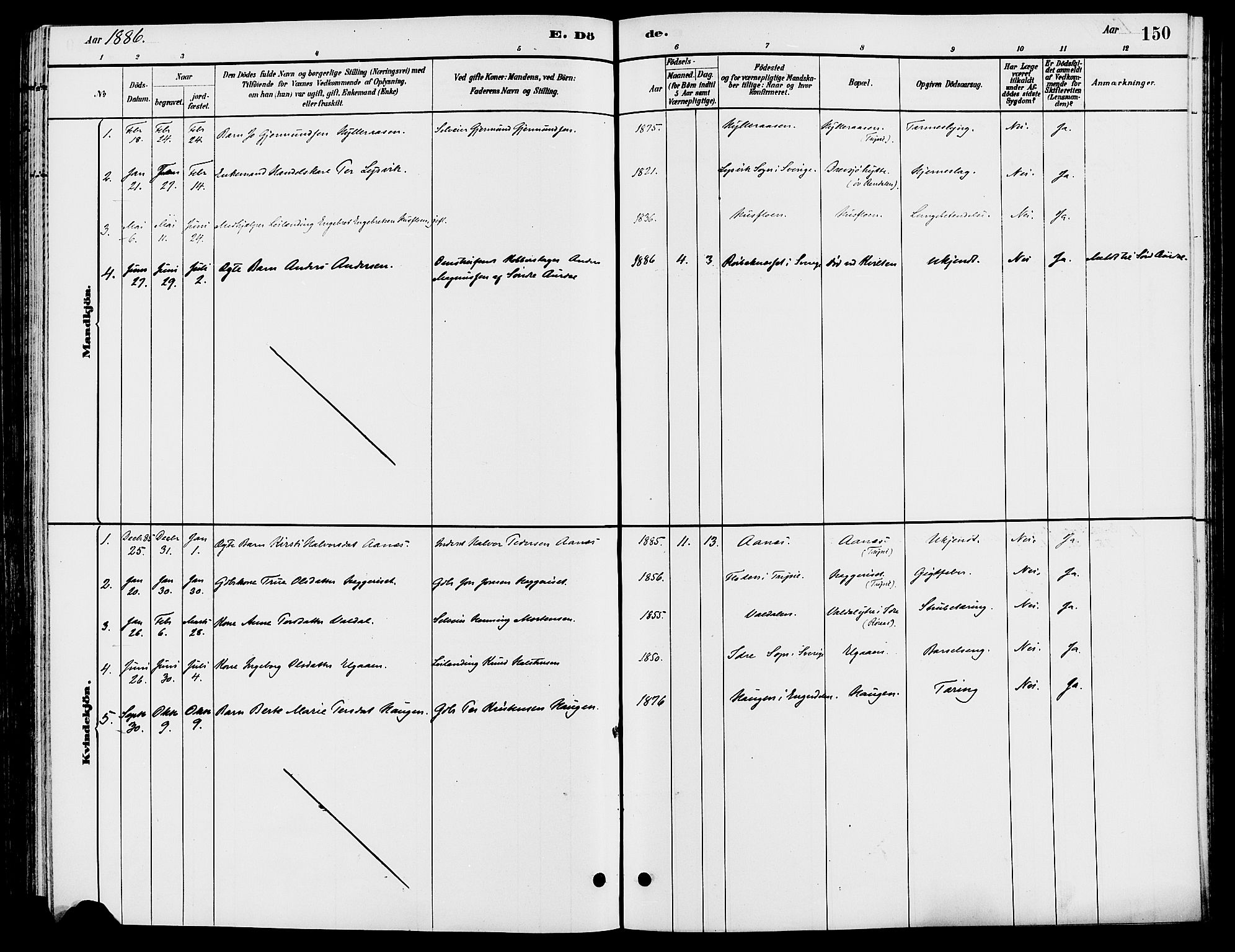 Engerdal prestekontor, SAH/PREST-048/H/Ha/Haa/L0001: Ministerialbok nr. 1, 1881-1898, s. 150