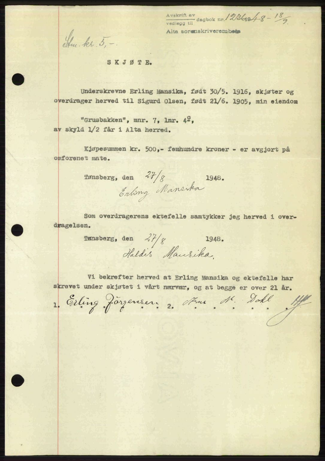 Alta fogderi/sorenskriveri, SATØ/SATØ-5/1/K/Kd/L0037pantebok: Pantebok nr. 39-40, 1948-1949, Dagboknr: 1236/1948