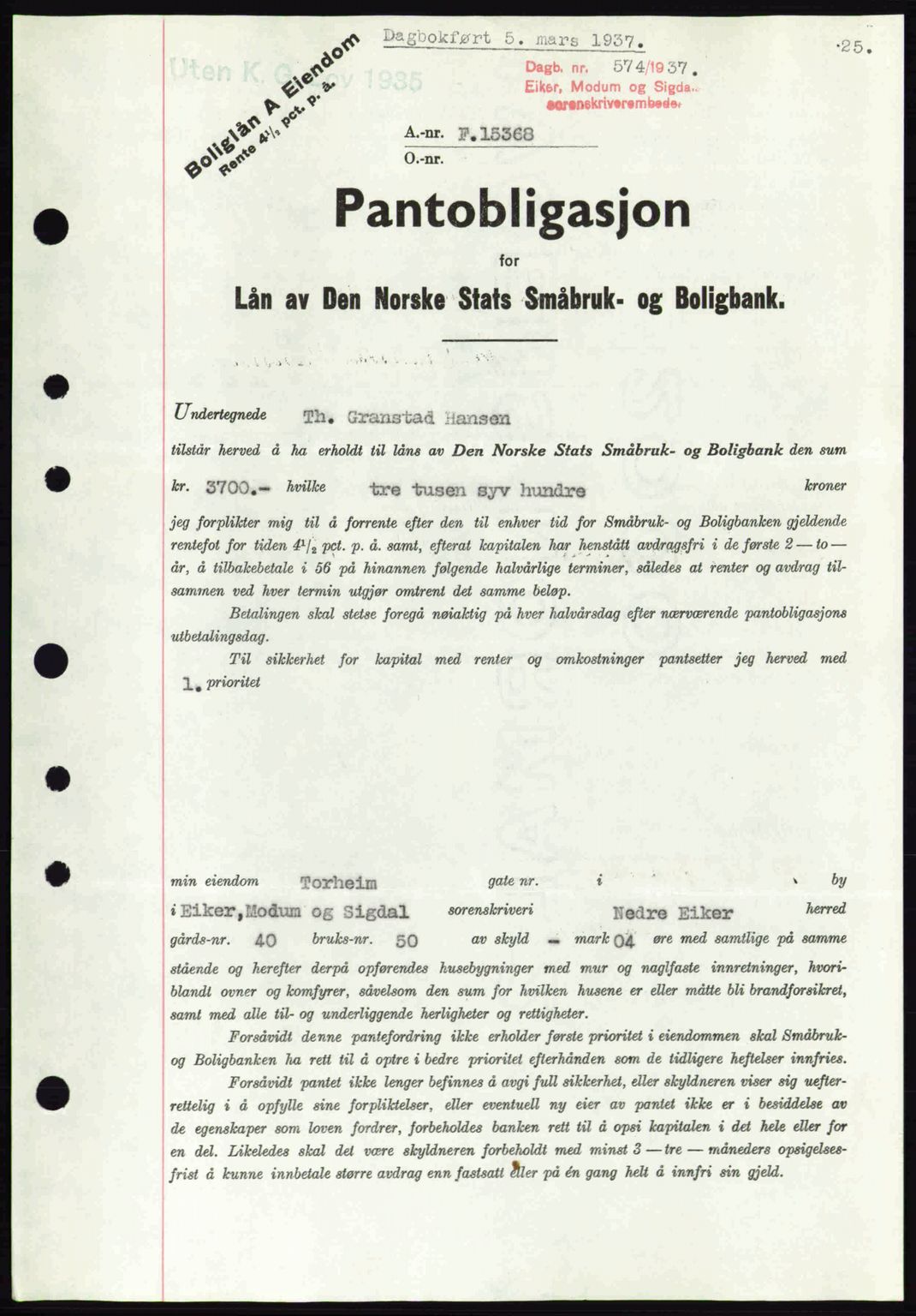 Eiker, Modum og Sigdal sorenskriveri, SAKO/A-123/G/Ga/Gab/L0035: Pantebok nr. A5, 1937-1937, Dagboknr: 574/1937
