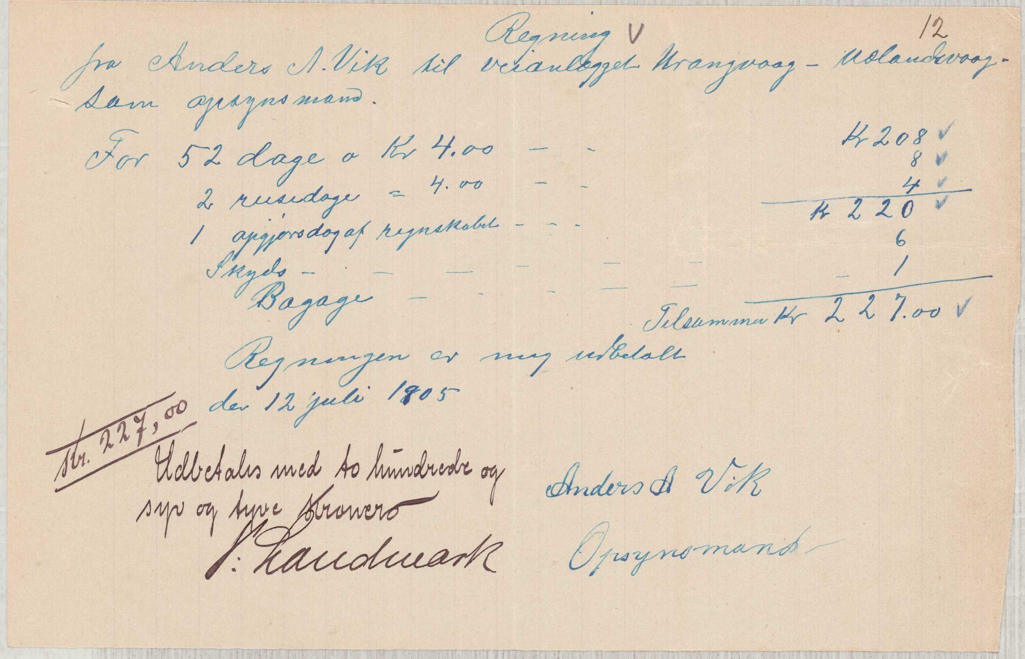 Finnaas kommune. Formannskapet, IKAH/1218a-021/E/Ea/L0002/0003: Rekneskap for veganlegg / Rekneskap for veganlegget Urangsvåg - Mælandsvåg, 1904-1905, s. 79