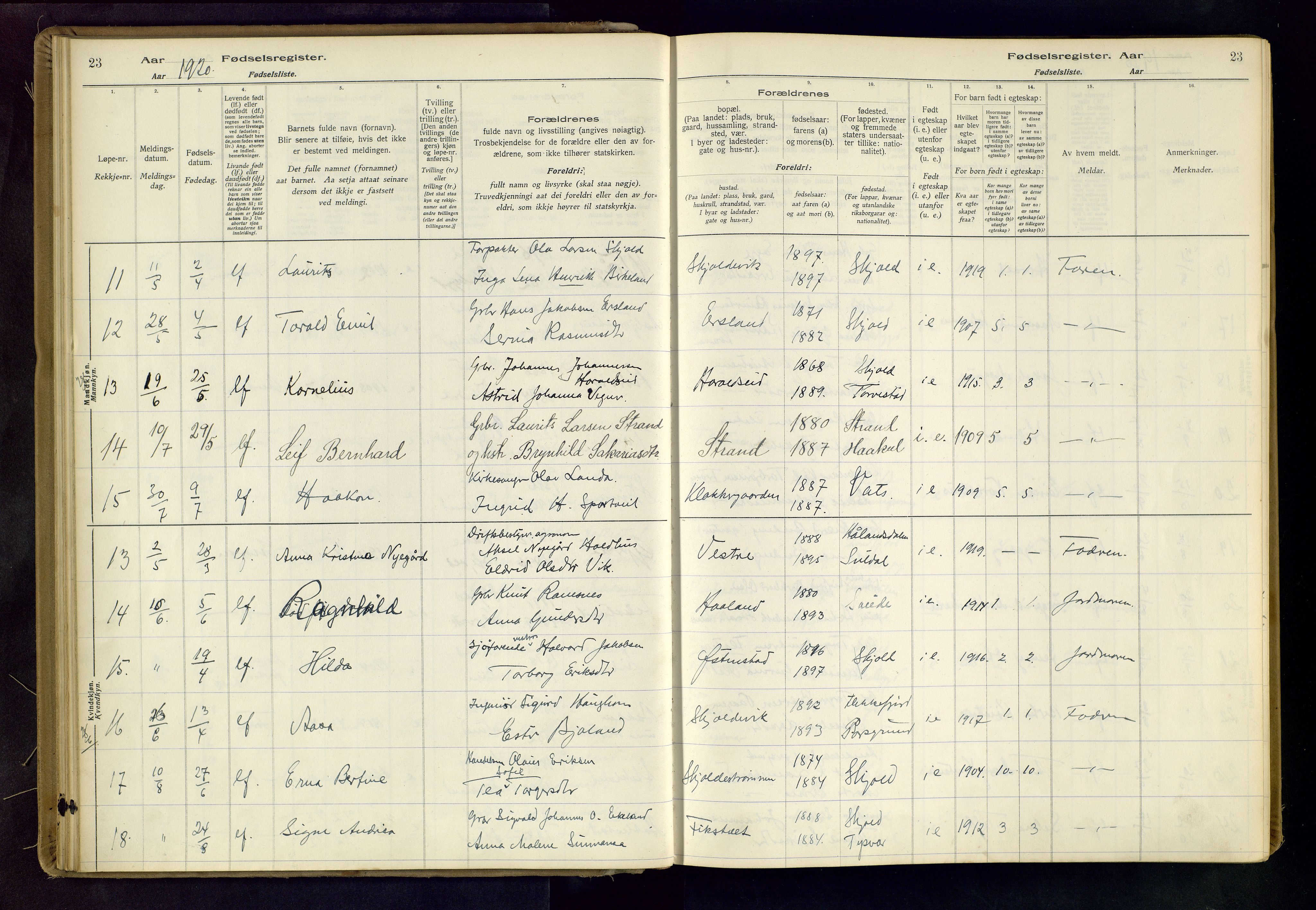 Skjold sokneprestkontor, AV/SAST-A-101847/I/Id/L0001: Fødselsregister nr. 1, 1917-1951, s. 23