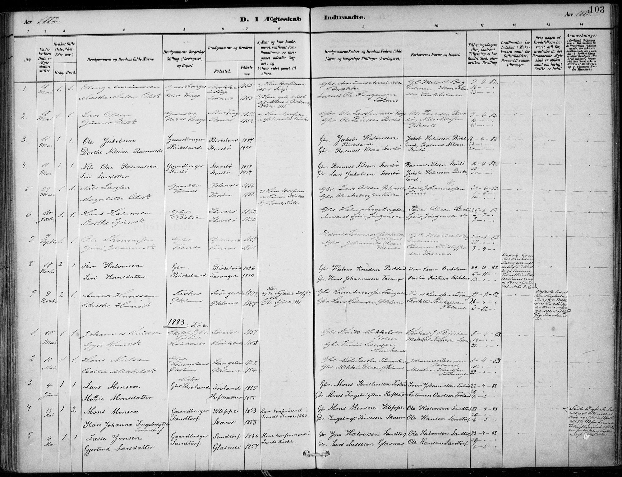 Sund sokneprestembete, AV/SAB-A-99930: Ministerialbok nr. C  1, 1882-1899, s. 103
