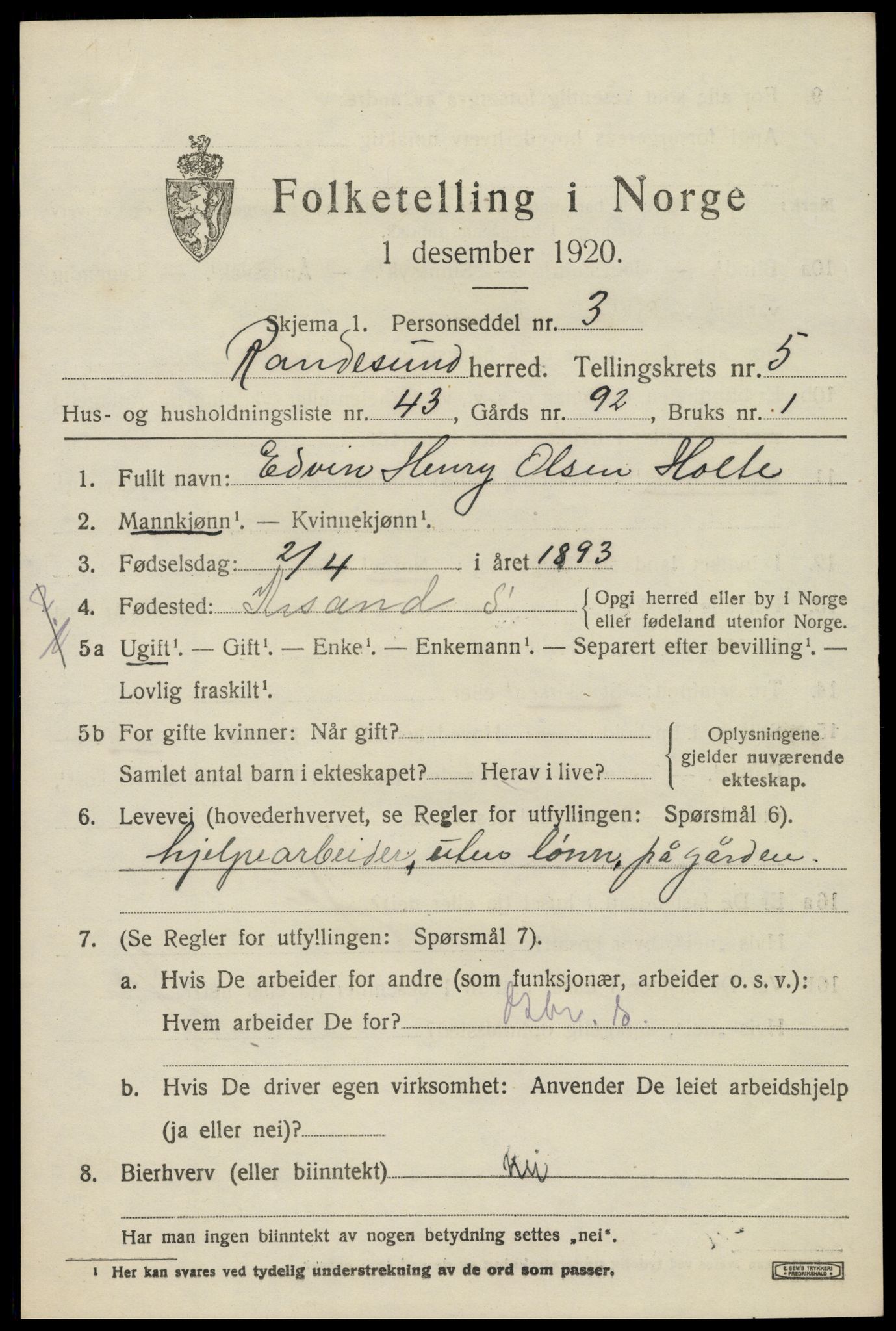 SAK, Folketelling 1920 for 1011 Randesund herred, 1920, s. 2716