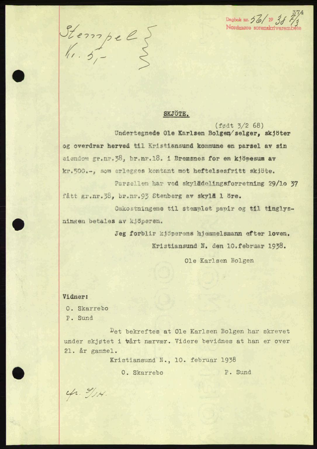 Nordmøre sorenskriveri, SAT/A-4132/1/2/2Ca: Pantebok nr. A83, 1938-1938, Dagboknr: 561/1938