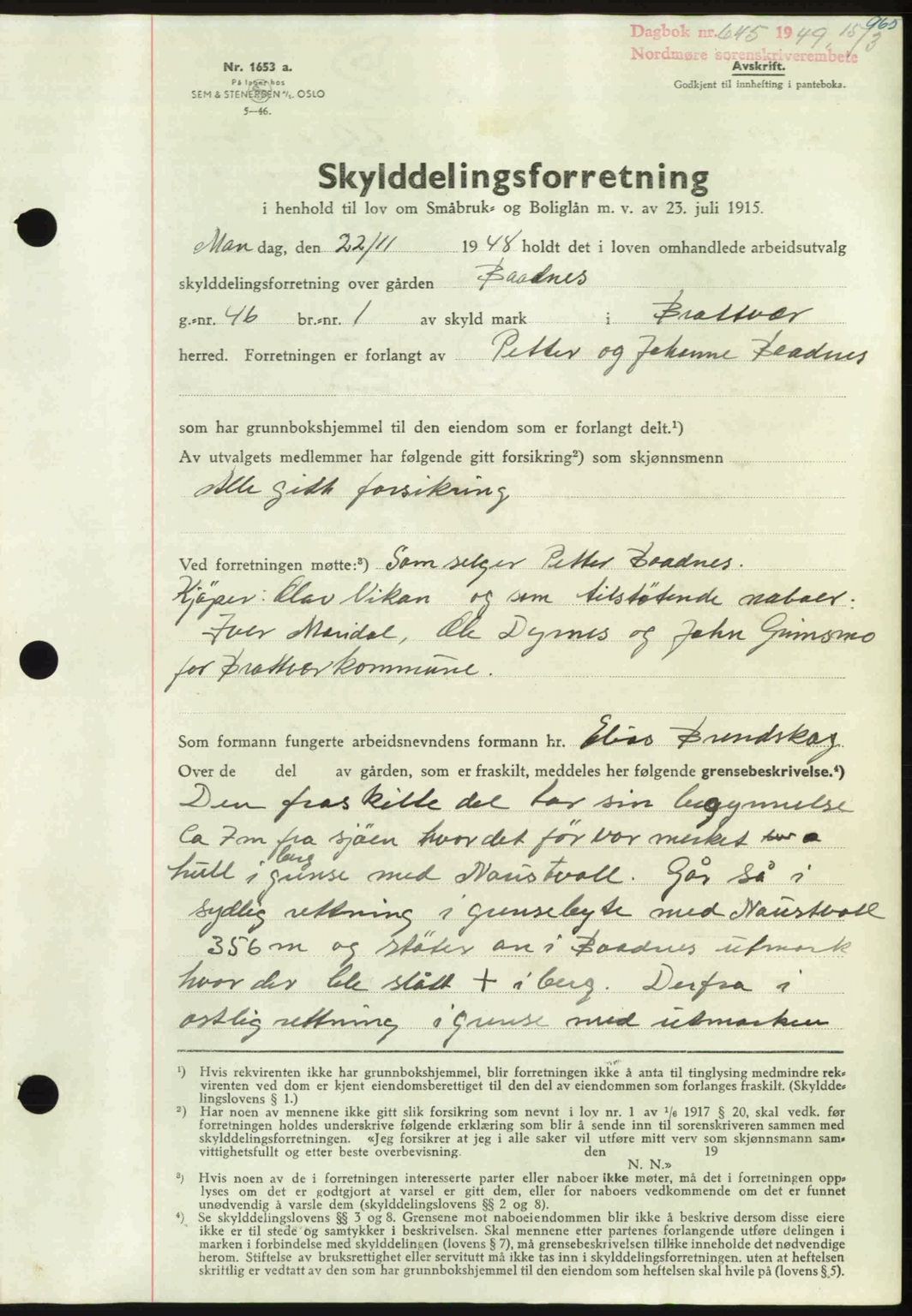 Nordmøre sorenskriveri, SAT/A-4132/1/2/2Ca: Pantebok nr. A110, 1948-1949, Dagboknr: 645/1949