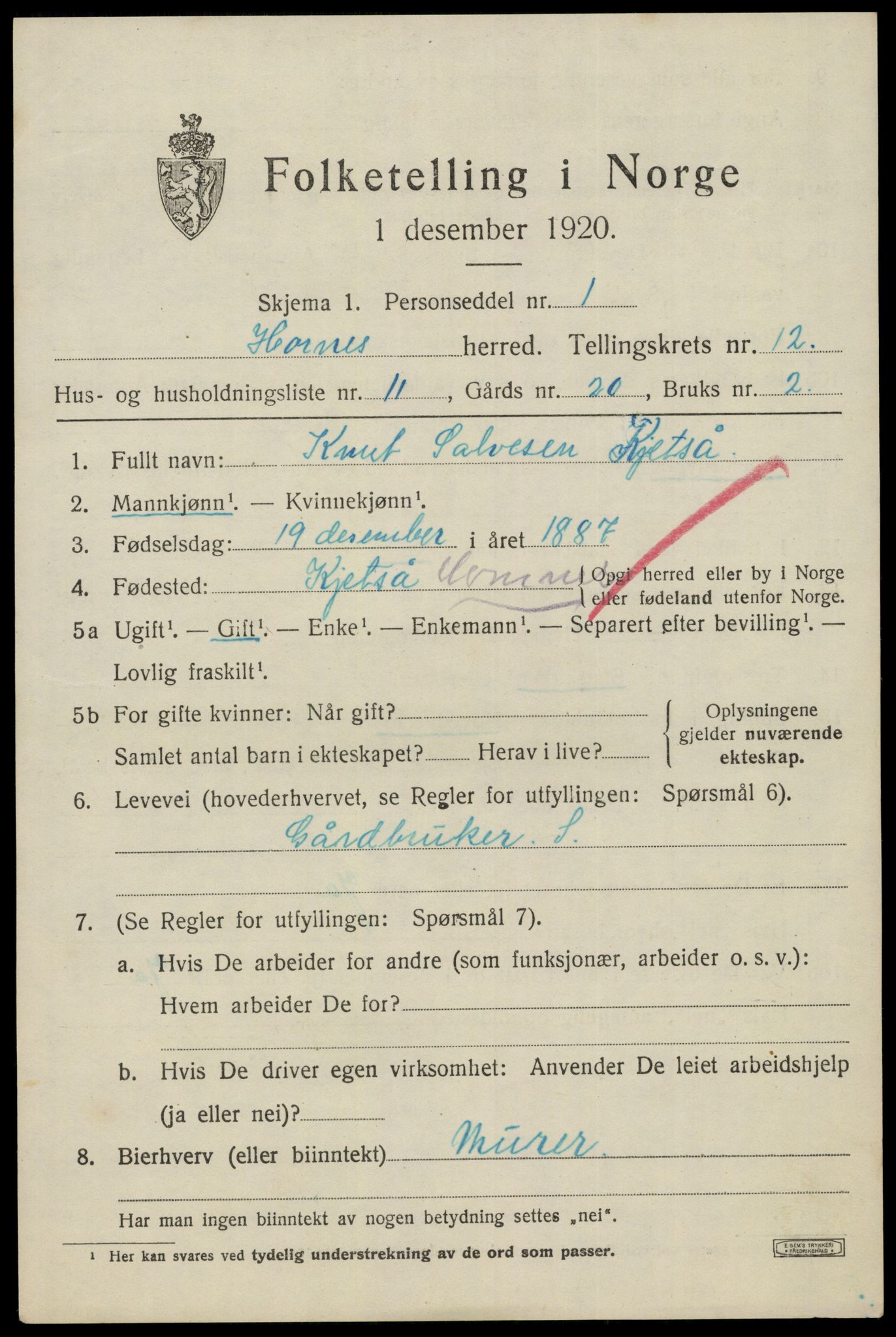 SAK, Folketelling 1920 for 0936 Hornnes herred, 1920, s. 3007