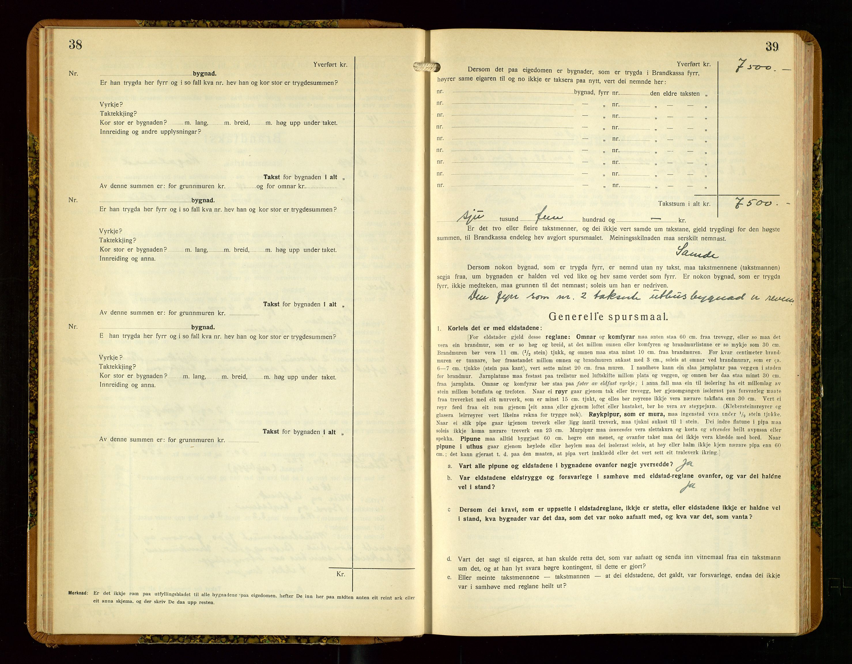 Klepp lensmannskontor, SAST/A-100163/Goc/L0013: "Brandtakstbok" m/register, 1933-1937, s. 38-39