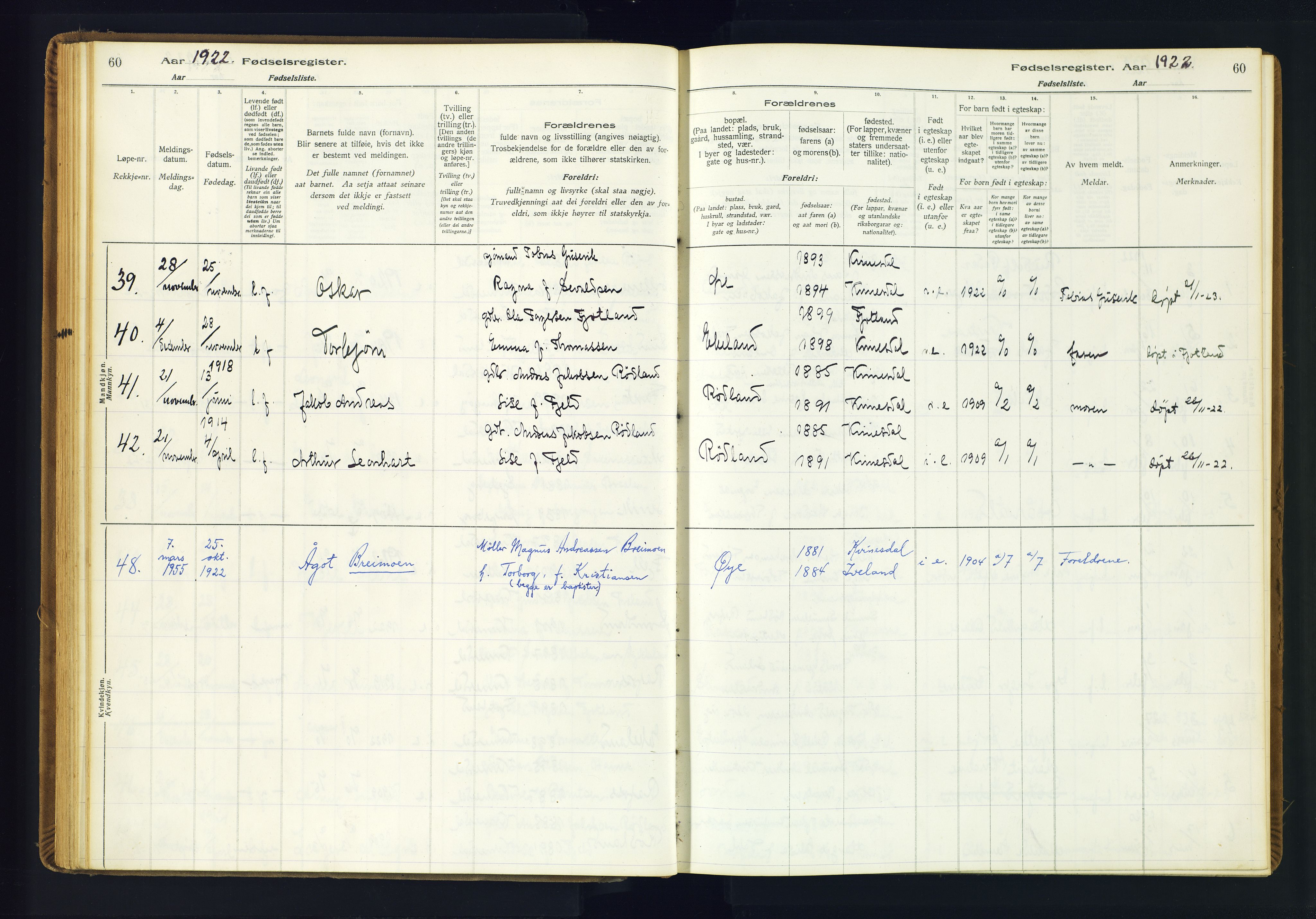 Kvinesdal sokneprestkontor, AV/SAK-1111-0026/J/Ja/L0001: Fødselsregister nr. 1, 1916-1941, s. 60