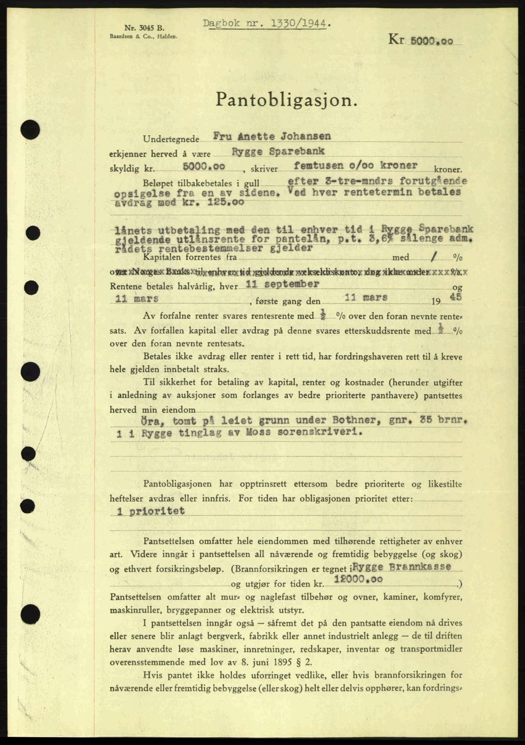 Moss sorenskriveri, SAO/A-10168: Pantebok nr. B13, 1943-1945, Dagboknr: 1330/1944