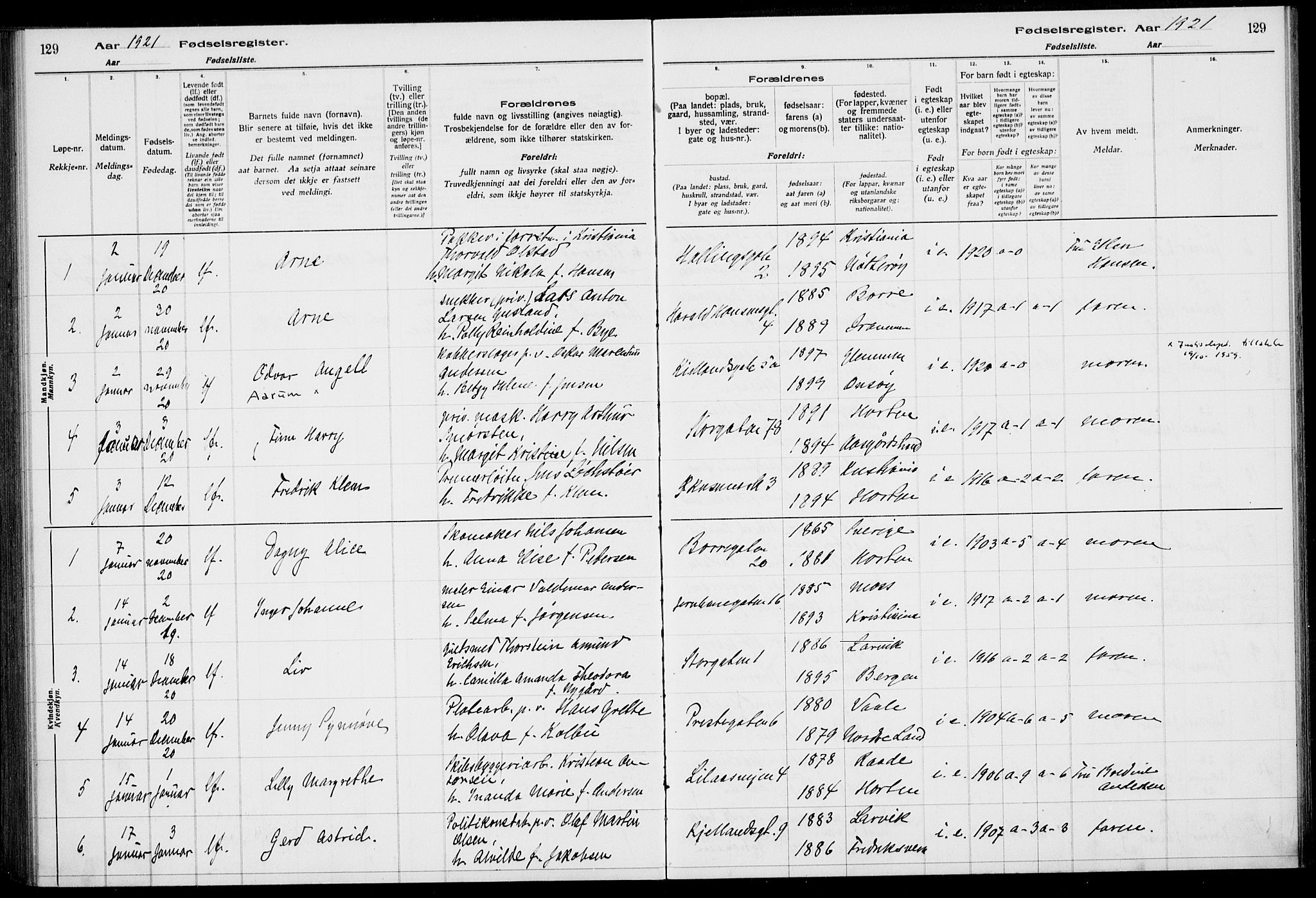 Horten kirkebøker, AV/SAKO-A-348/J/Ja/L0001: Fødselsregister nr. 1, 1916-1923, s. 129