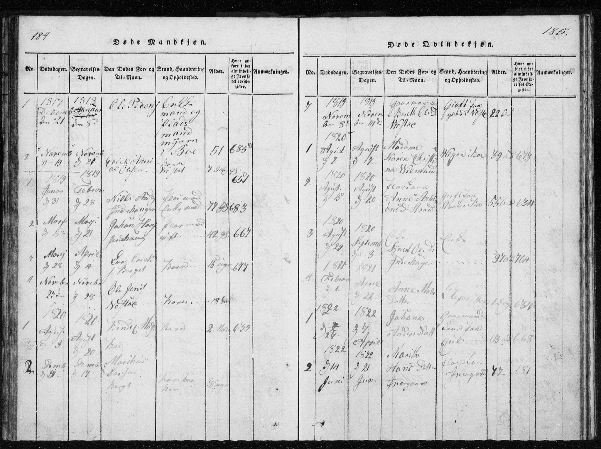 Ministerialprotokoller, klokkerbøker og fødselsregistre - Møre og Romsdal, AV/SAT-A-1454/566/L0772: Klokkerbok nr. 566C01, 1818-1845, s. 184-185