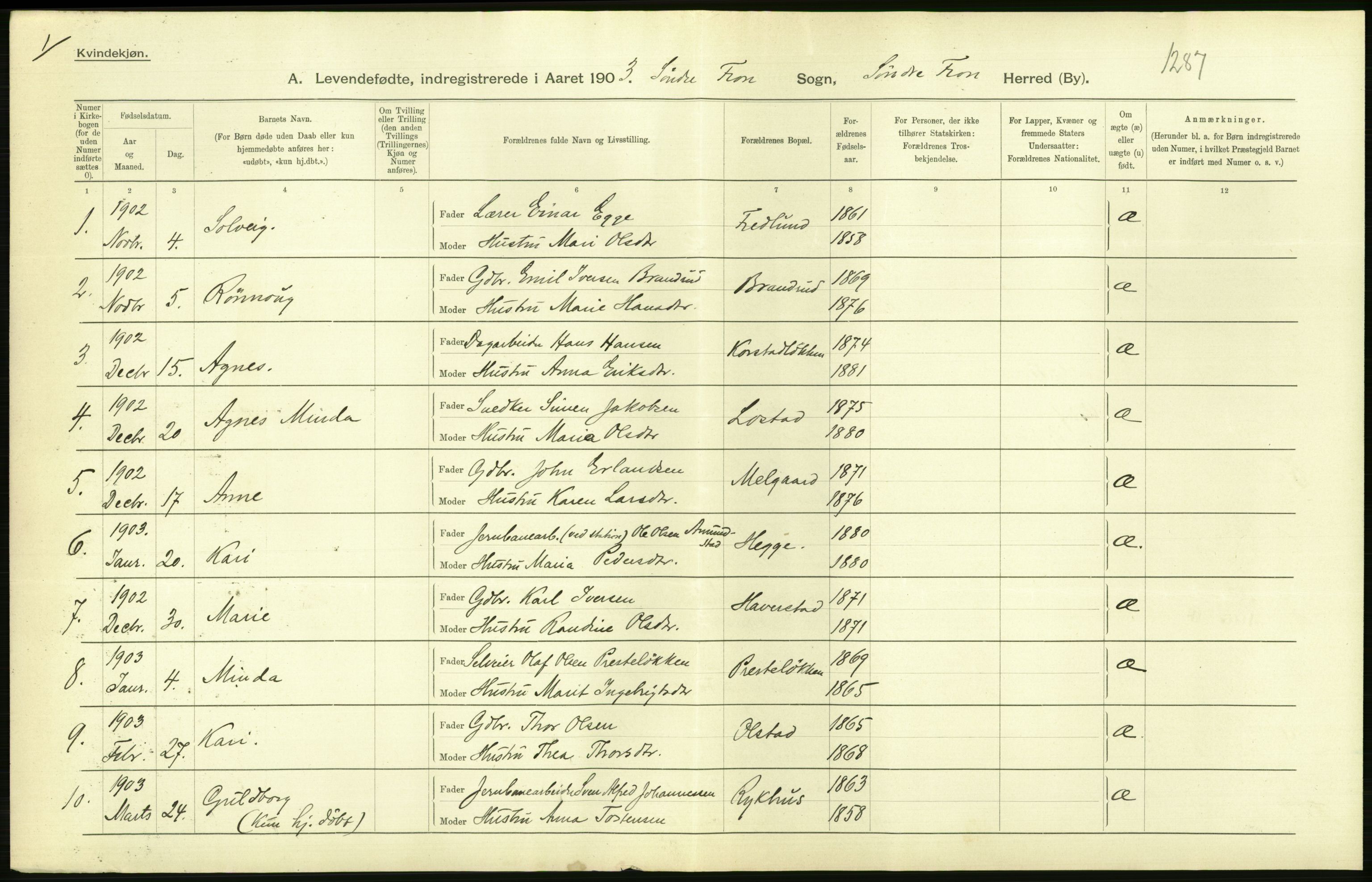 Statistisk sentralbyrå, Sosiodemografiske emner, Befolkning, AV/RA-S-2228/D/Df/Dfa/Dfaa/L0006: Kristians amt: Fødte, gifte, døde, 1903, s. 62