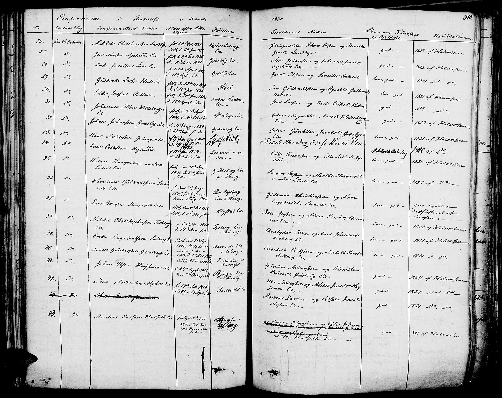 Vang prestekontor, Hedmark, SAH/PREST-008/H/Ha/Haa/L0009: Ministerialbok nr. 9, 1826-1841, s. 310