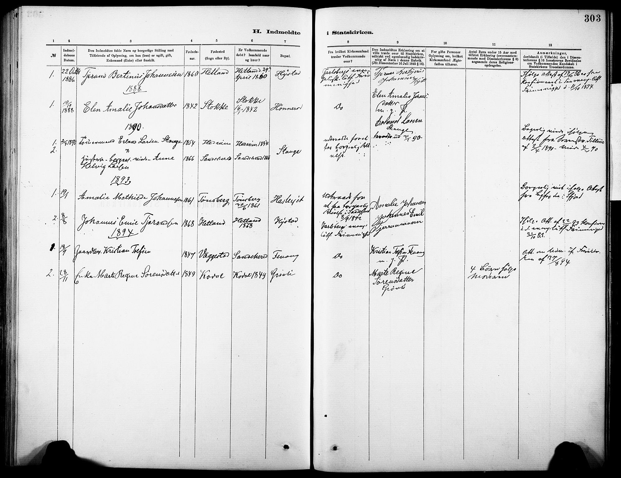 Sandar kirkebøker, AV/SAKO-A-243/F/Fa/L0013: Ministerialbok nr. 13, 1883-1895, s. 303
