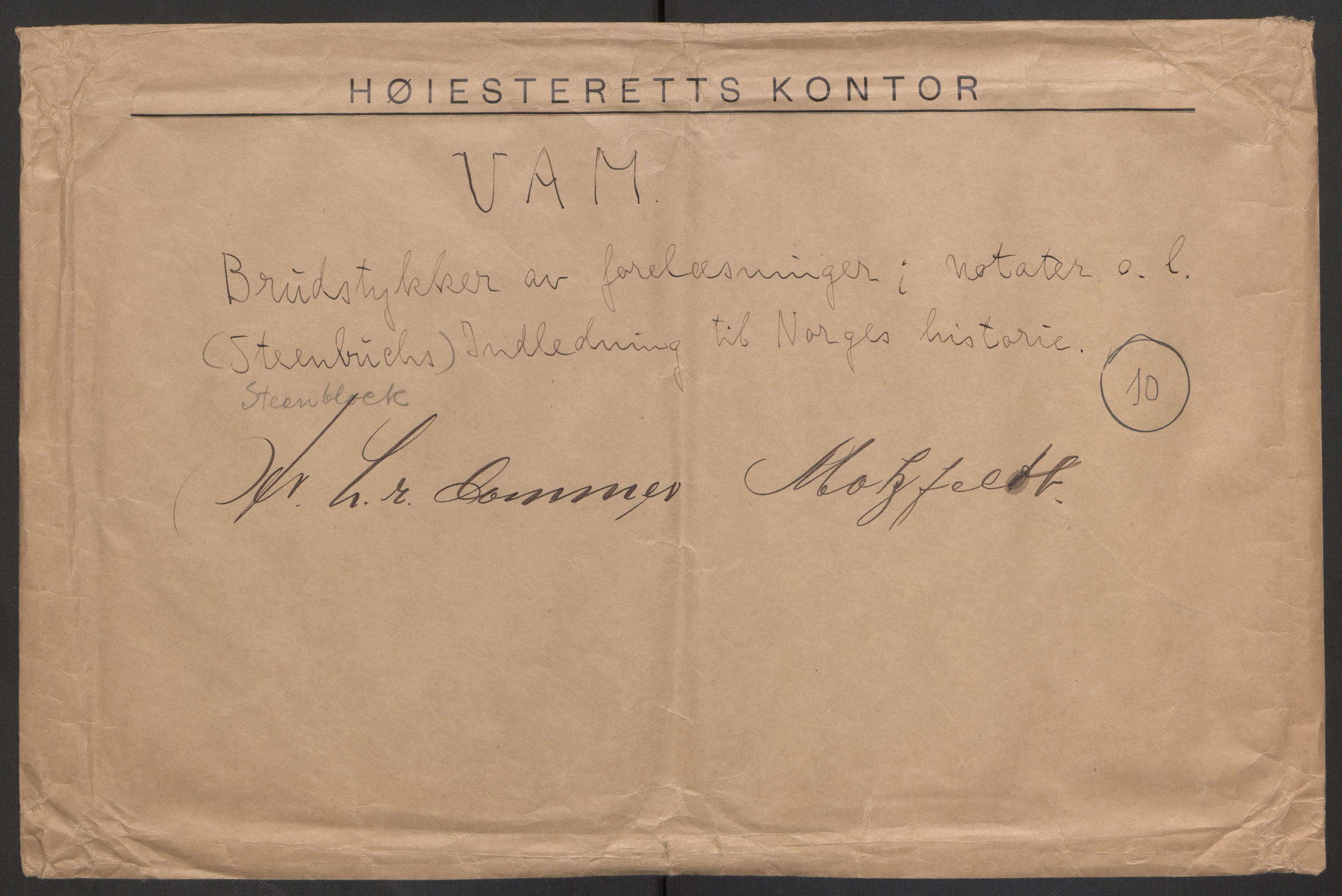 Motzfeldt-familien, AV/RA-PA-0234/F/L0012/0010: -- / Konvolutt mrk. "U.A.M. Brudstykker av forelæsninger; notater o.l. Steenblocks Indledning til Norgeshistorie" (Diverse notater og avhandlinger av historisk og juridisk innhold), 1823-1835, s. 1