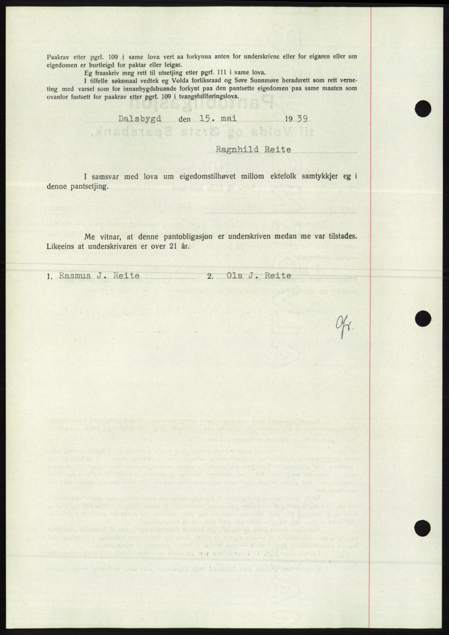 Søre Sunnmøre sorenskriveri, AV/SAT-A-4122/1/2/2C/L0068: Pantebok nr. 62, 1939-1939, Dagboknr: 750/1939