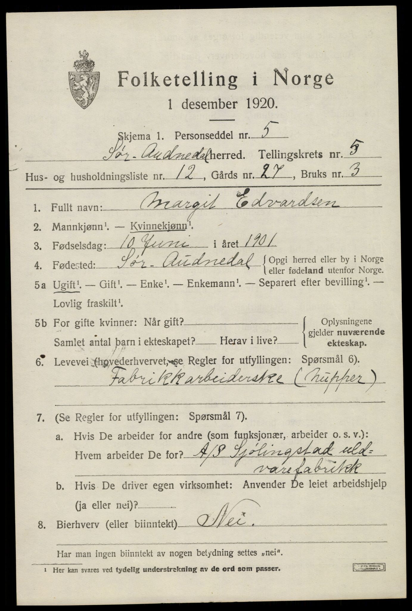 SAK, Folketelling 1920 for 1029 Sør-Audnedal herred, 1920, s. 2623